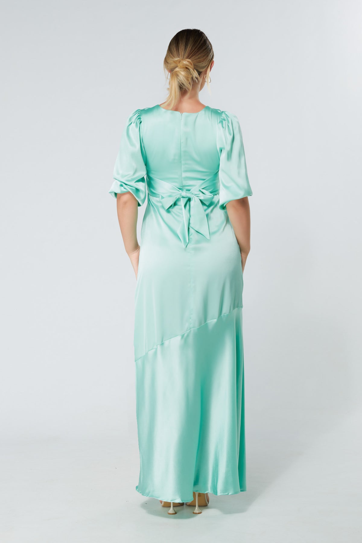 Naomi Aqua Satin-Crepe Maxi Dress With Half Sleeves