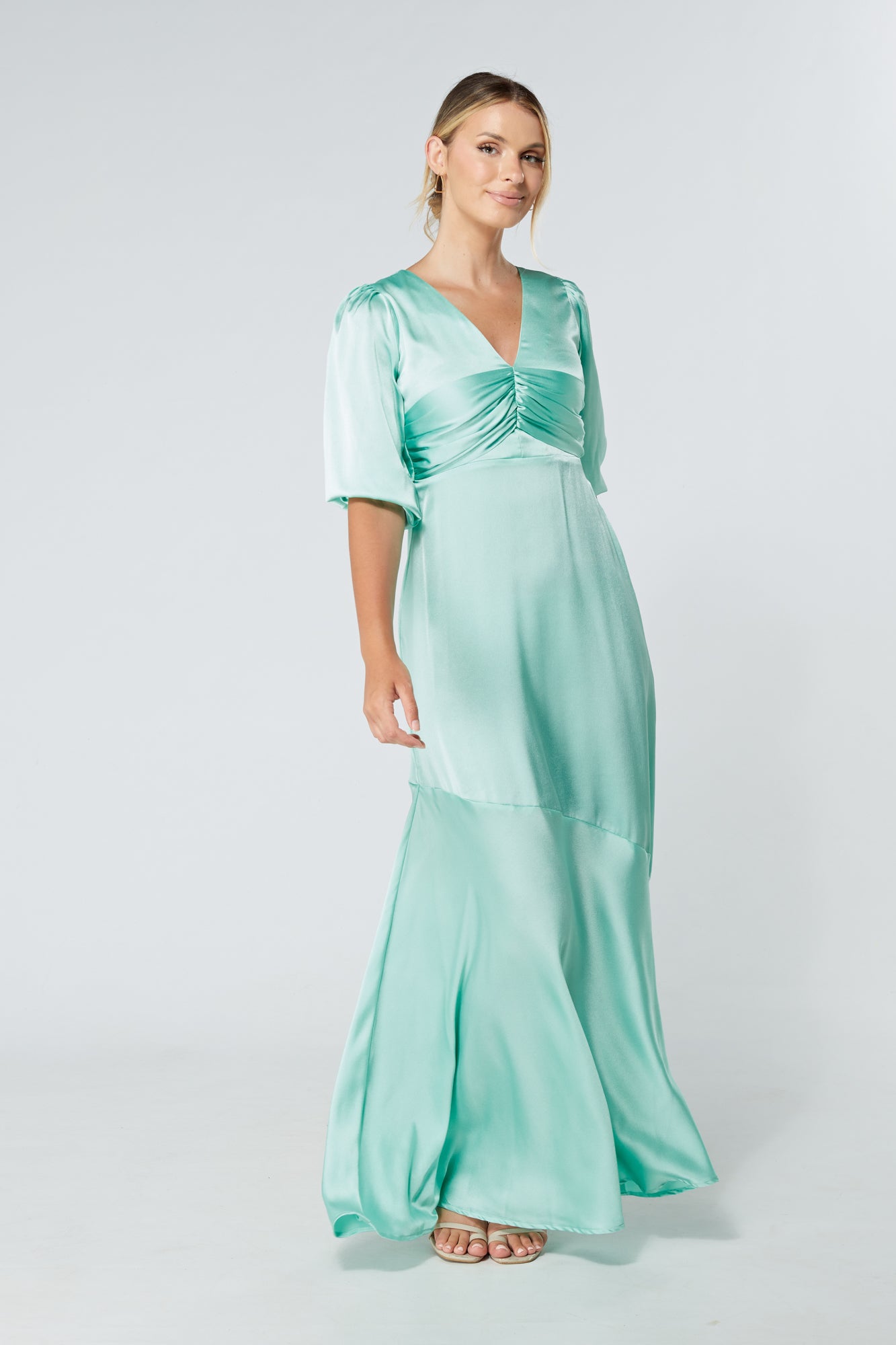 Naomi Aqua Satin-Crepe Maxi Dress With Half Sleeves