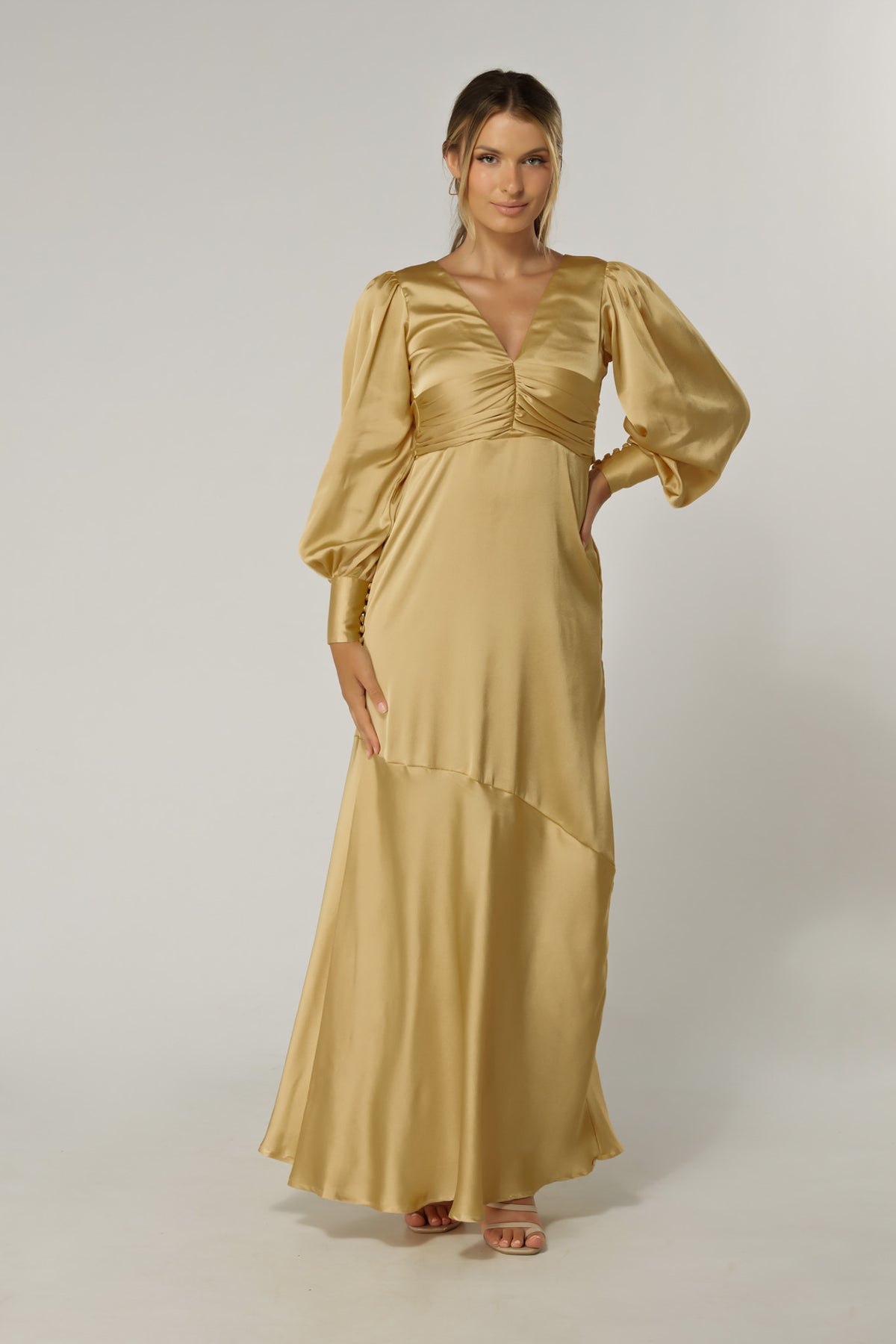 Naomi Light Gold Satin-Crepe Maxi Dress With Long Sleeves