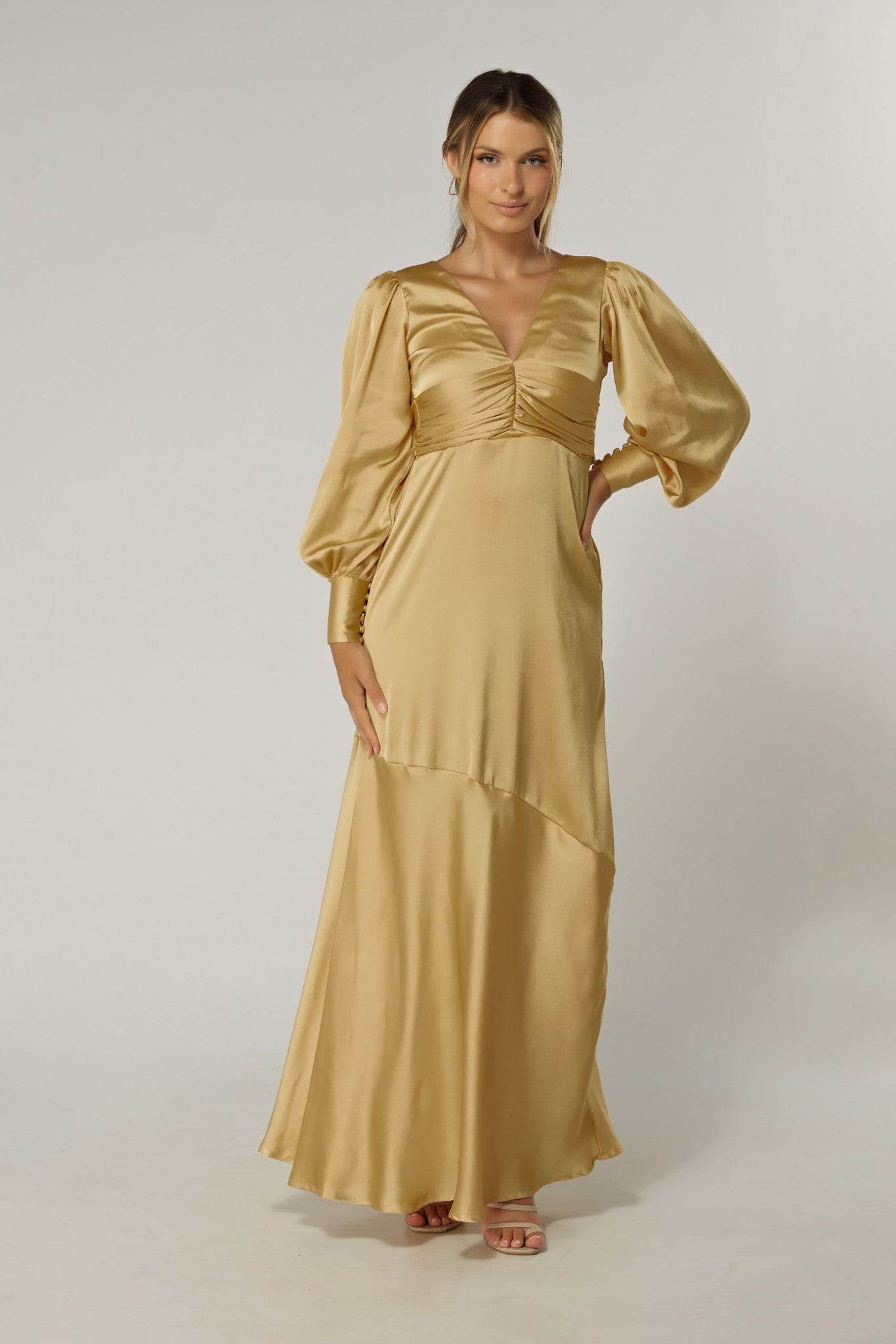Naomi Light Gold Satin-Crepe Maxi Dress With Long Sleeves
