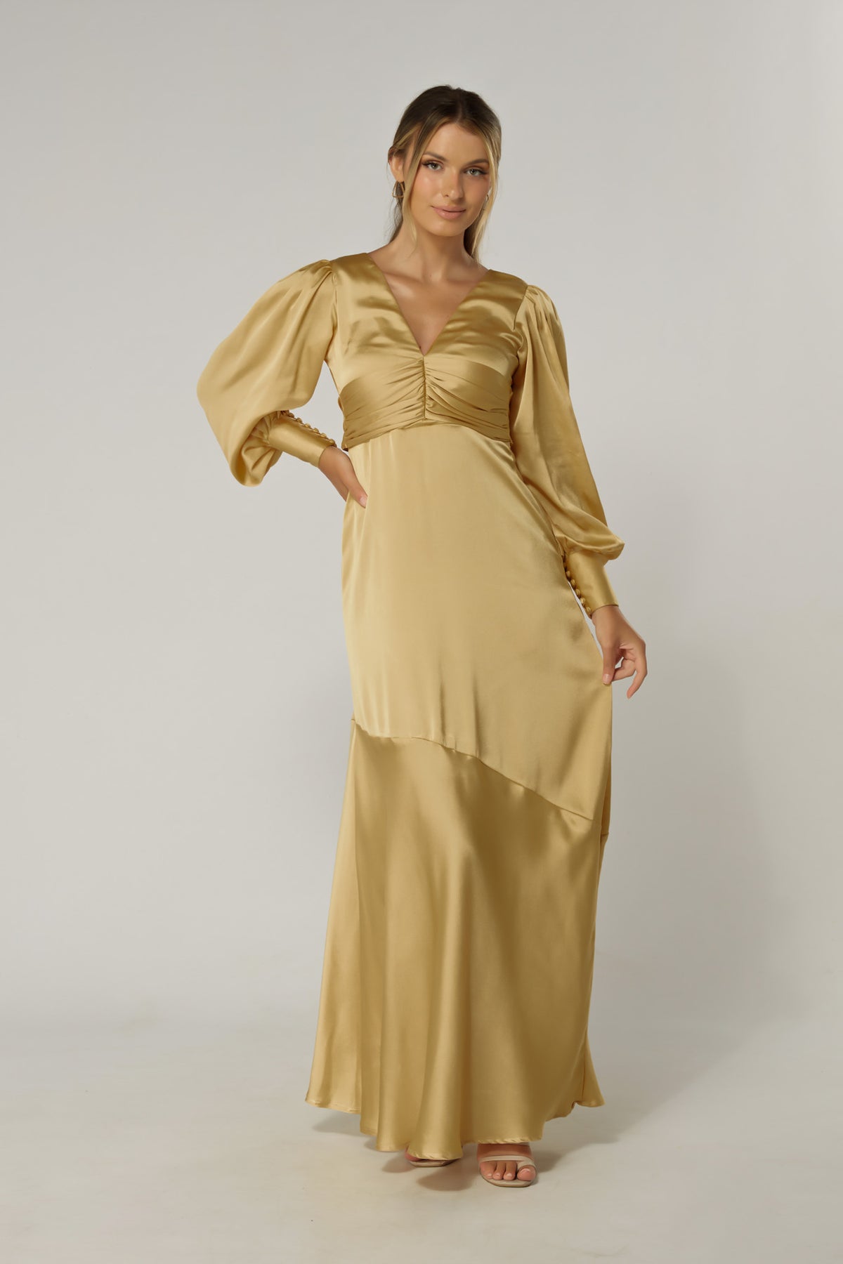 Naomi Light Gold Satin-Crepe Maxi Dress With Long Sleeves
