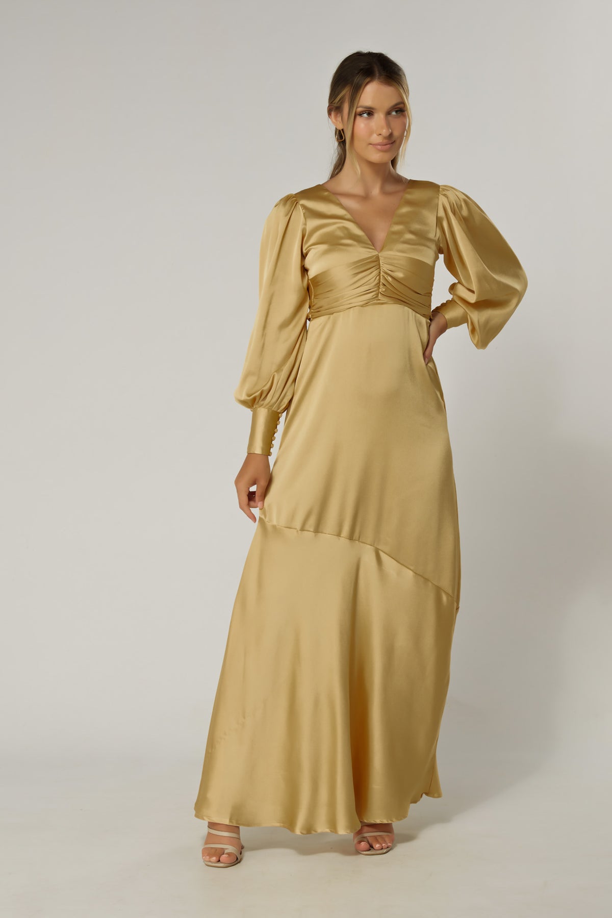 Naomi Light Gold Satin-Crepe Maxi Dress With Long Sleeves