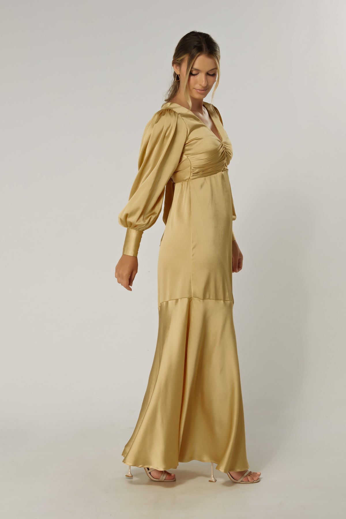 Naomi Light Gold Satin-Crepe Maxi Dress With Long Sleeves