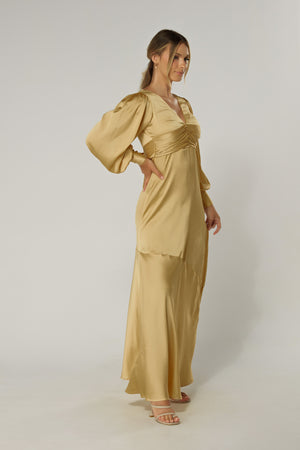 Naomi Light Gold Satin-Crepe Maxi Dress With Long Sleeves