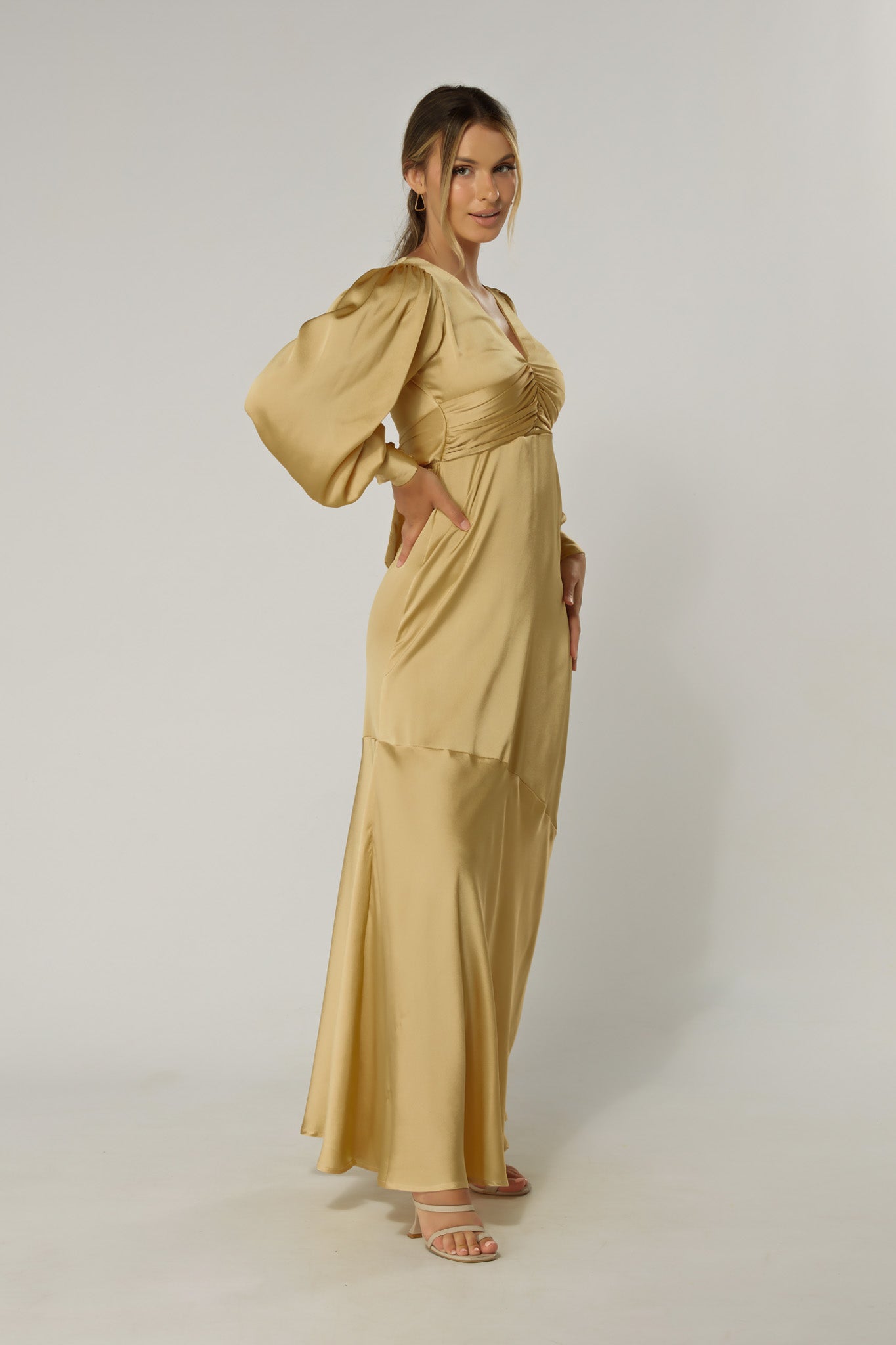 Naomi Light Gold Satin-Crepe Maxi Dress With Long Sleeves