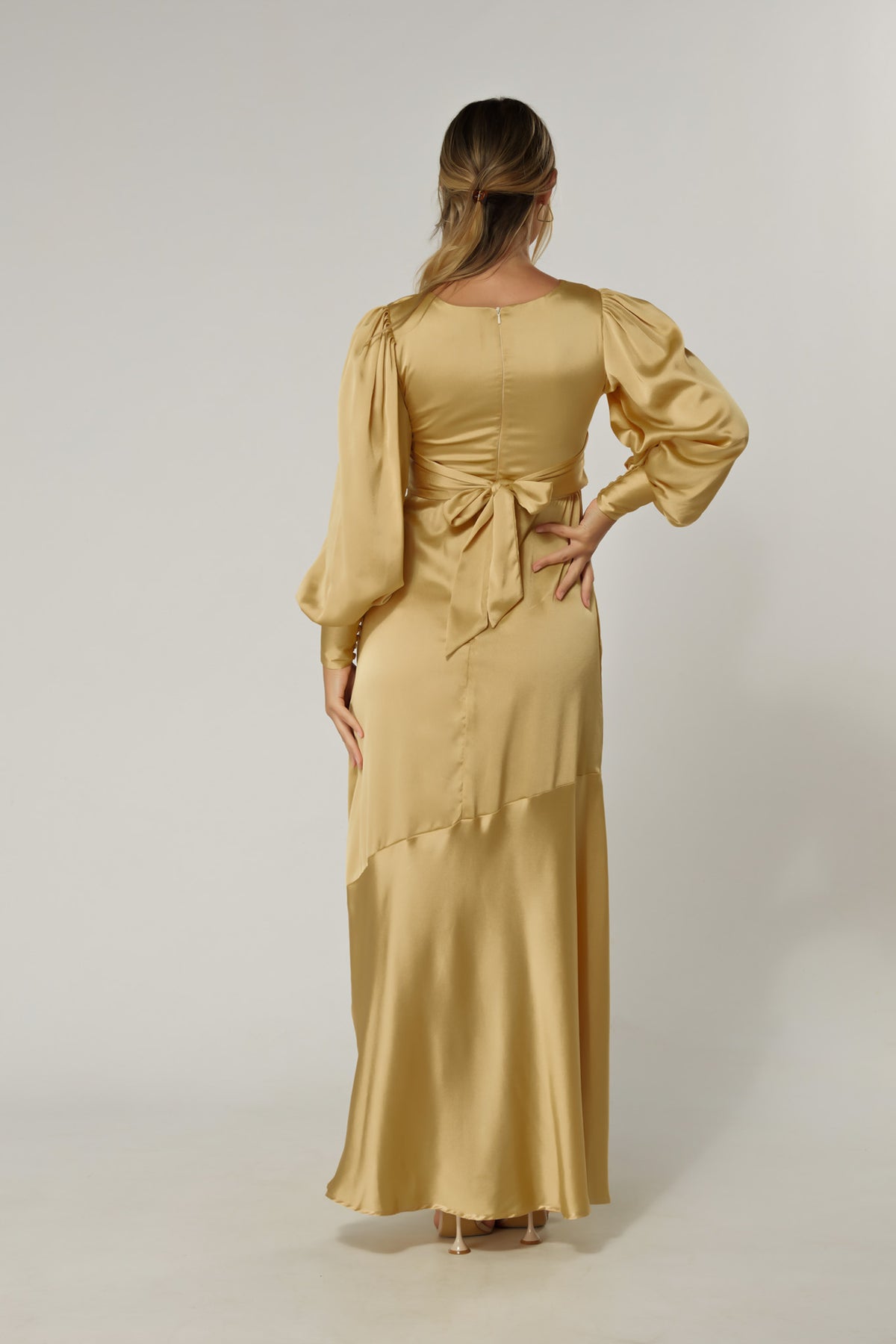 Naomi Light Gold Satin-Crepe Maxi Dress With Long Sleeves