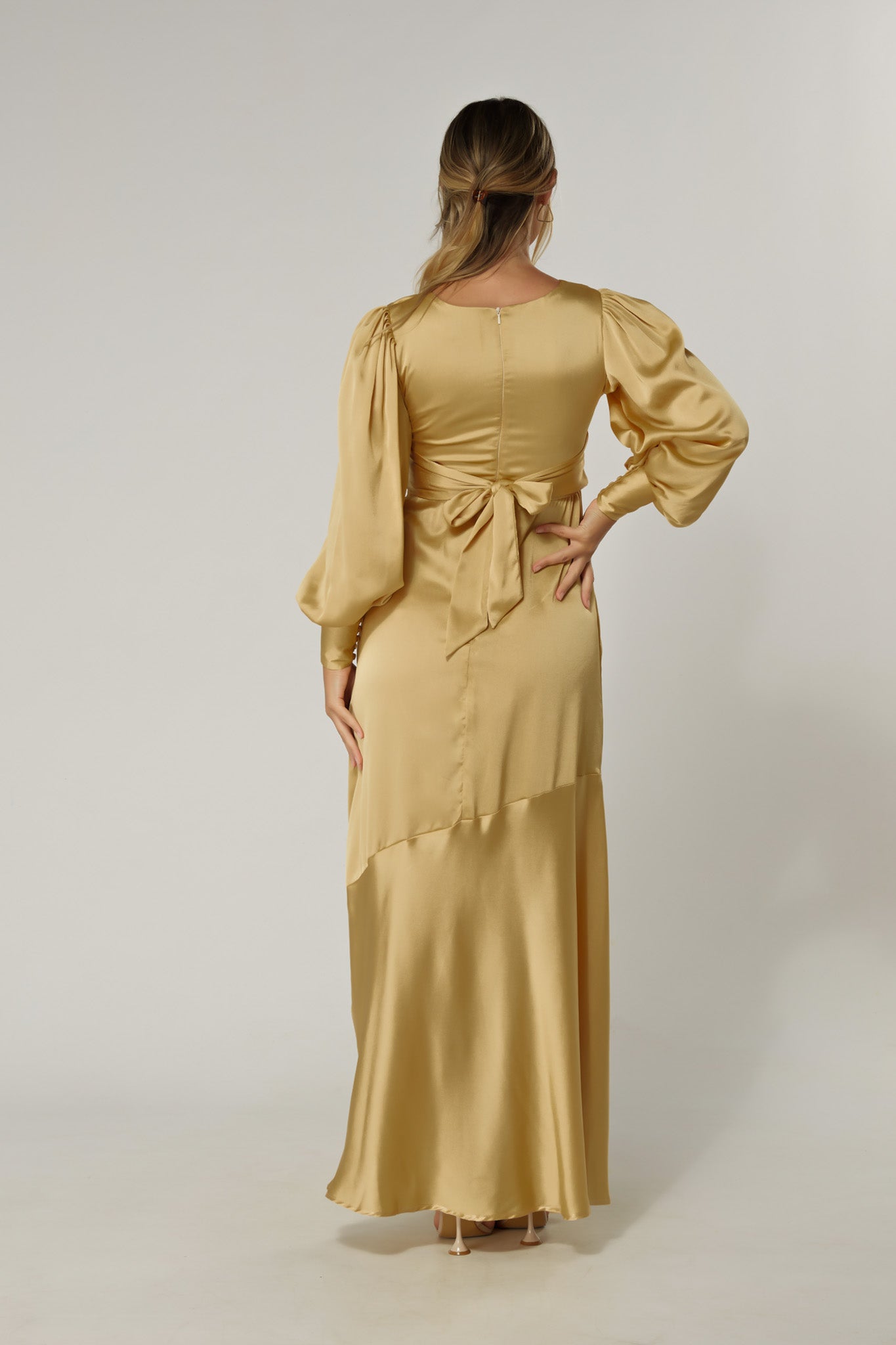 Naomi Light Gold Satin-Crepe Maxi Dress With Long Sleeves