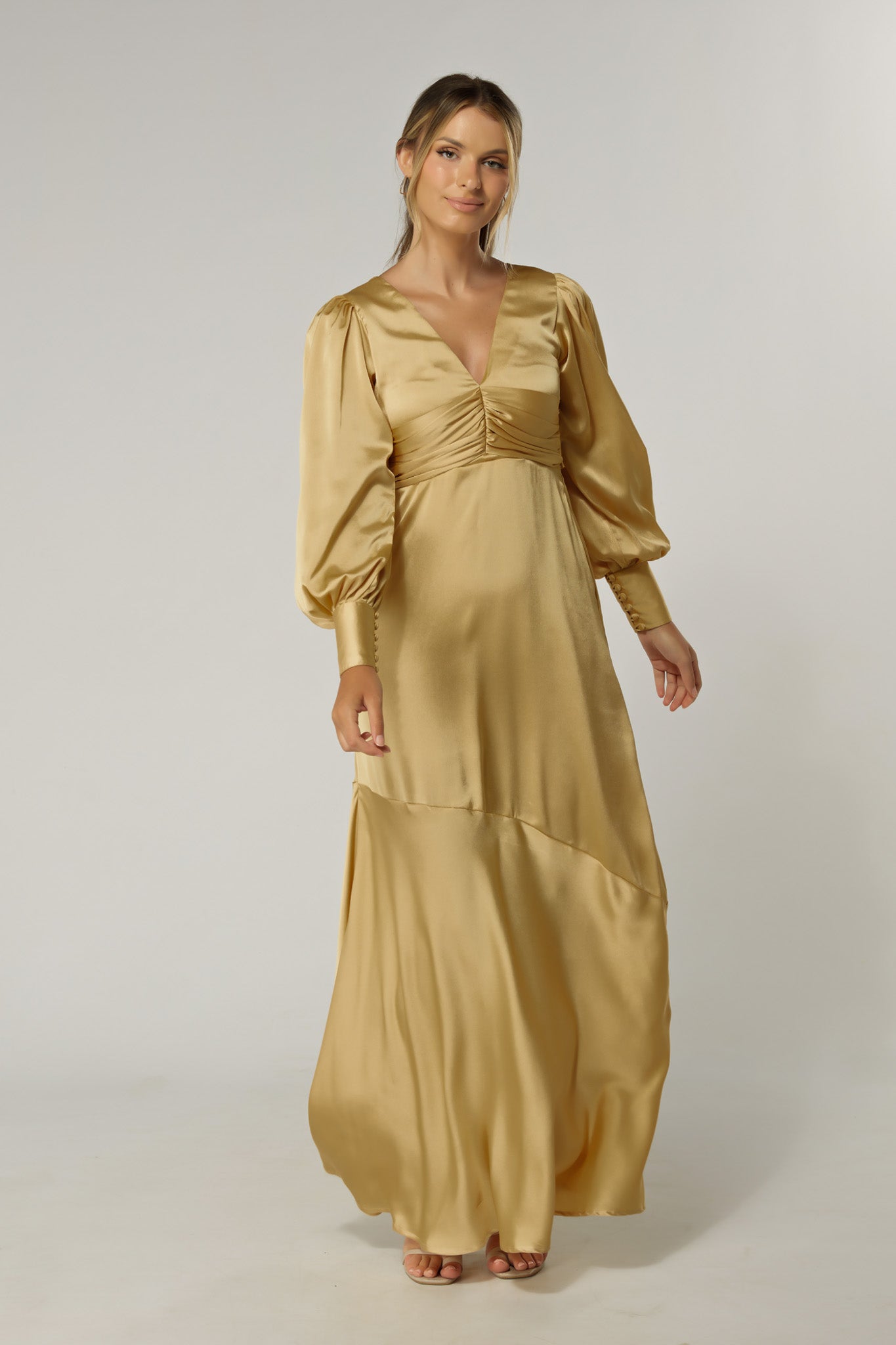 Naomi Light Gold Satin-Crepe Maxi Dress With Long Sleeves