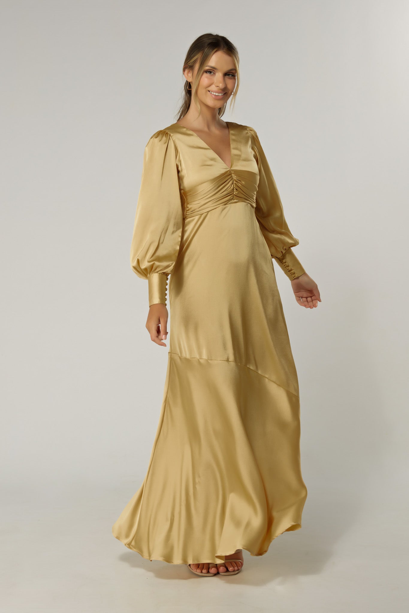 Naomi Light Gold Satin-Crepe Maxi Dress With Long Sleeves