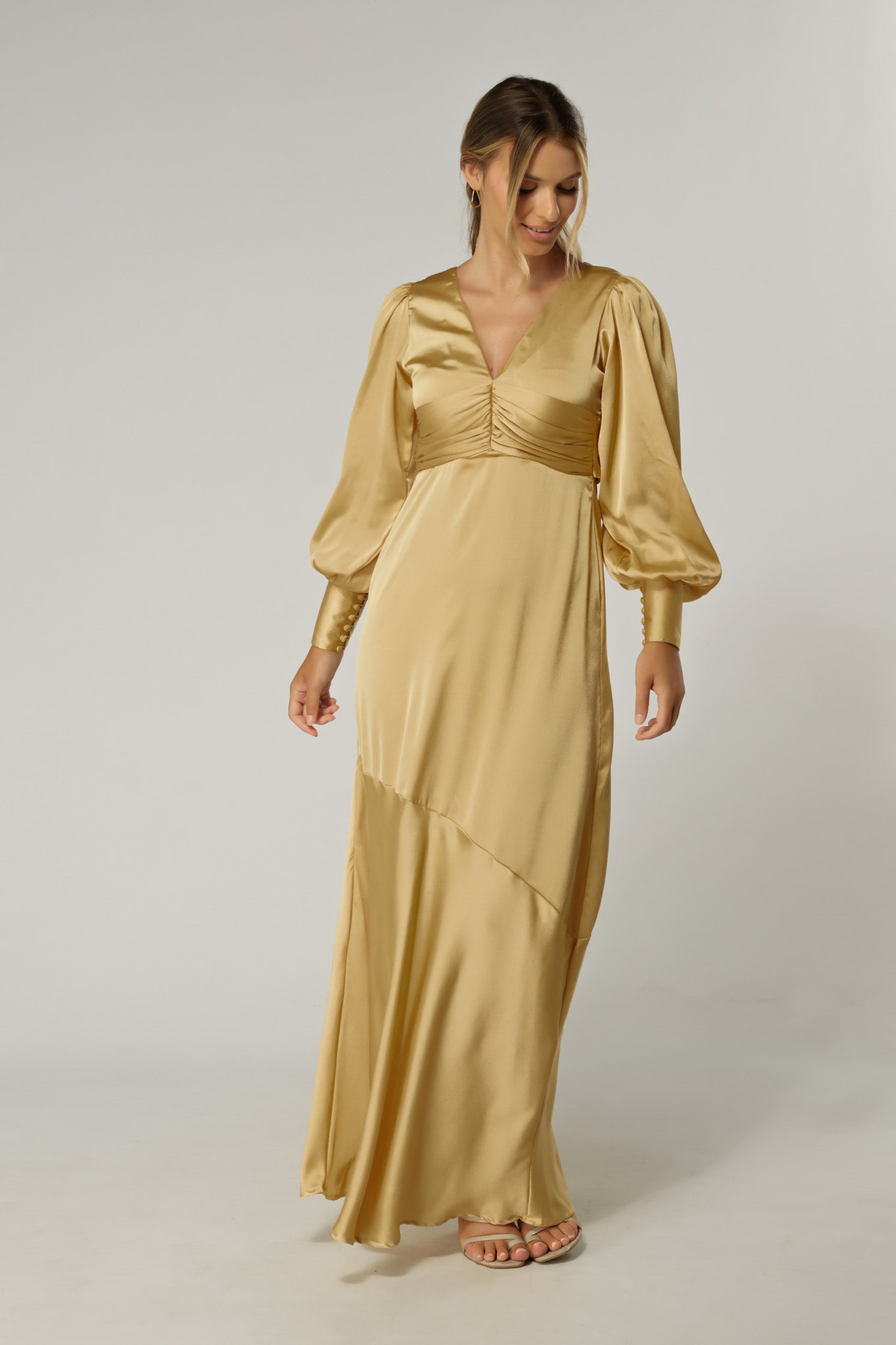 Naomi Light Gold Satin-Crepe Maxi Dress With Long Sleeves