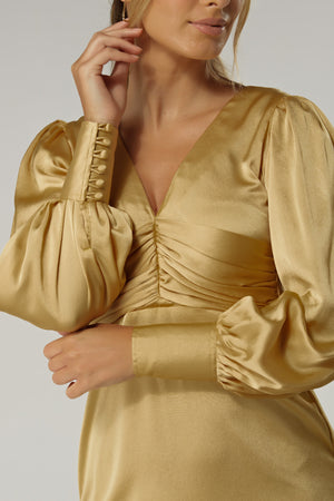Naomi Light Gold Satin-Crepe Maxi Dress With Long Sleeves