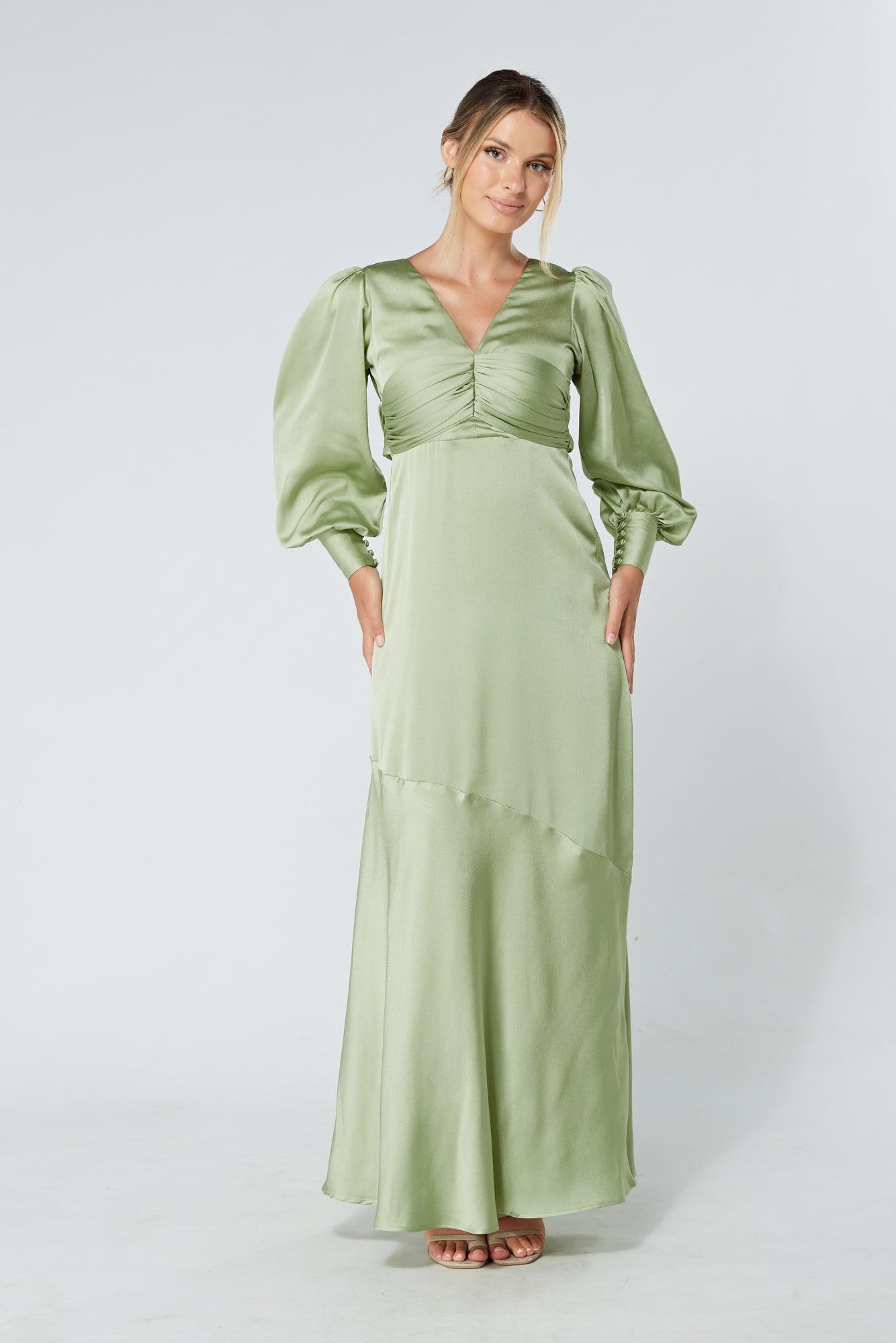 Naomi Olive Green Light Satin-Crepe Maxi Dress With Long Sleeves - TAHLIRA