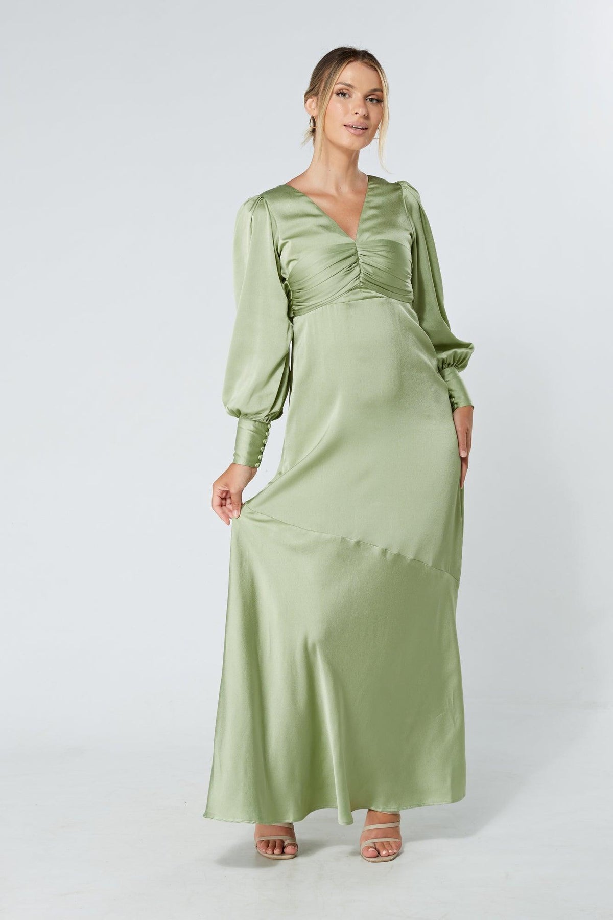 Naomi Olive Green Light Satin-Crepe Maxi Dress With Long Sleeves - TAHLIRA