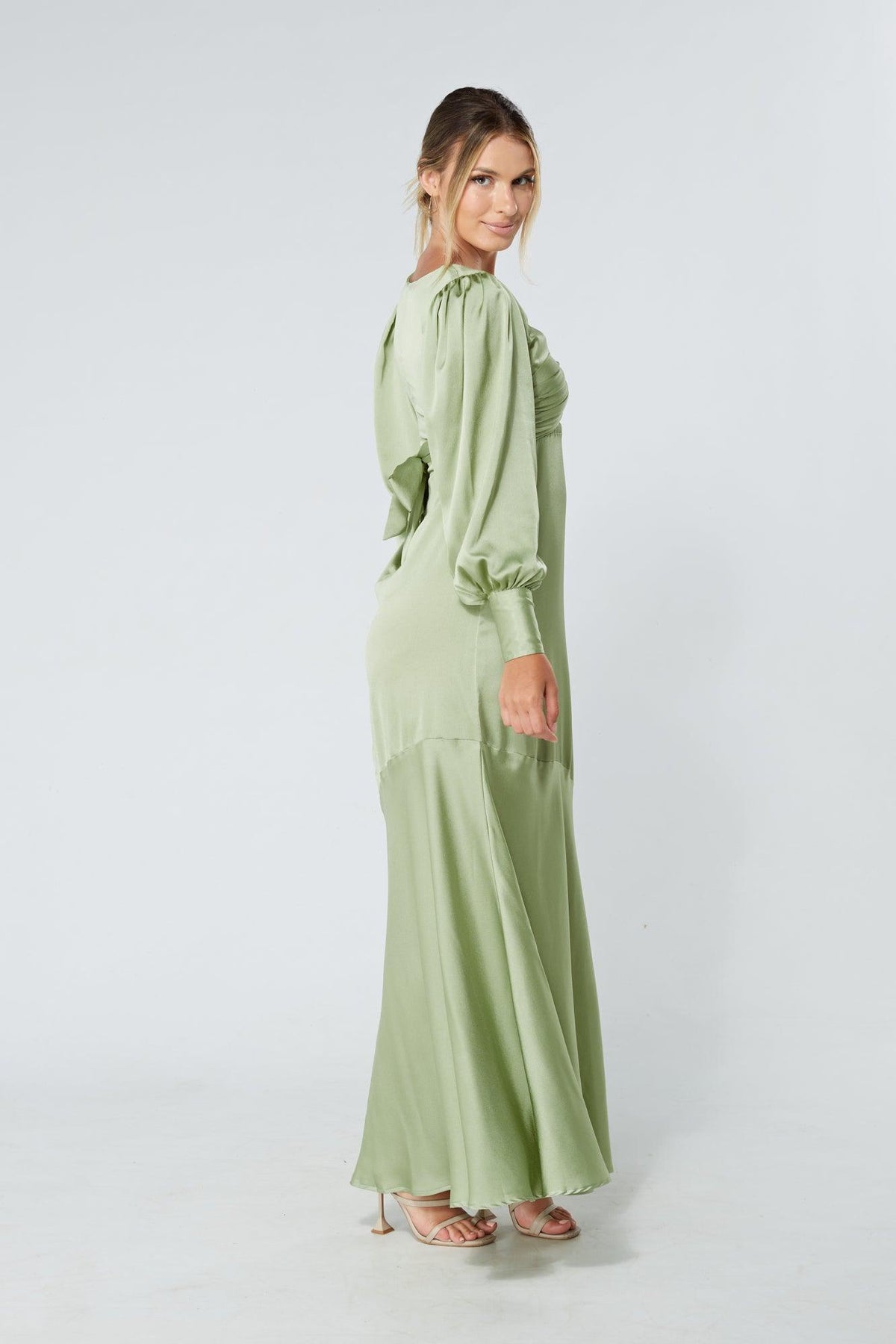 Naomi Olive Green Light Satin-Crepe Maxi Dress With Long Sleeves - TAHLIRA