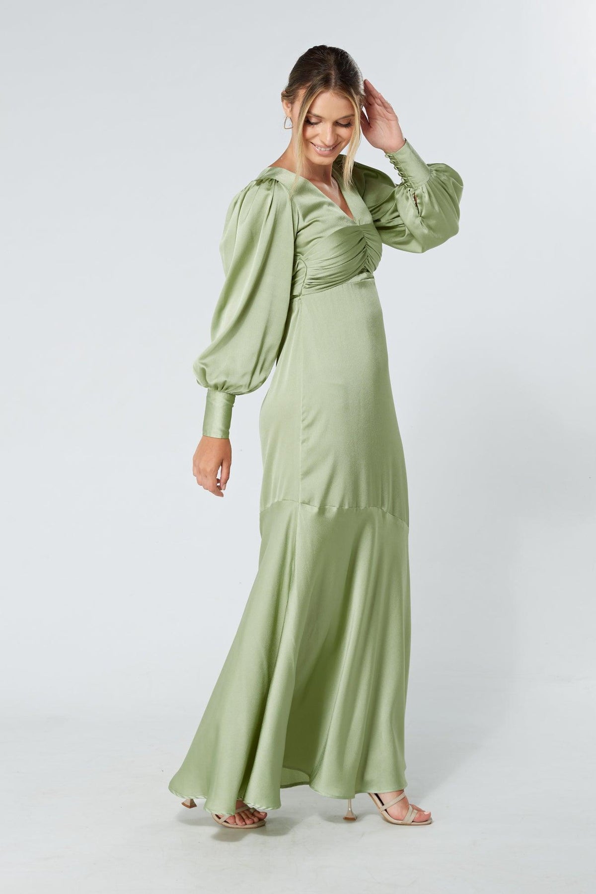 Naomi Olive Green Light Satin-Crepe Maxi Dress With Long Sleeves - TAHLIRA