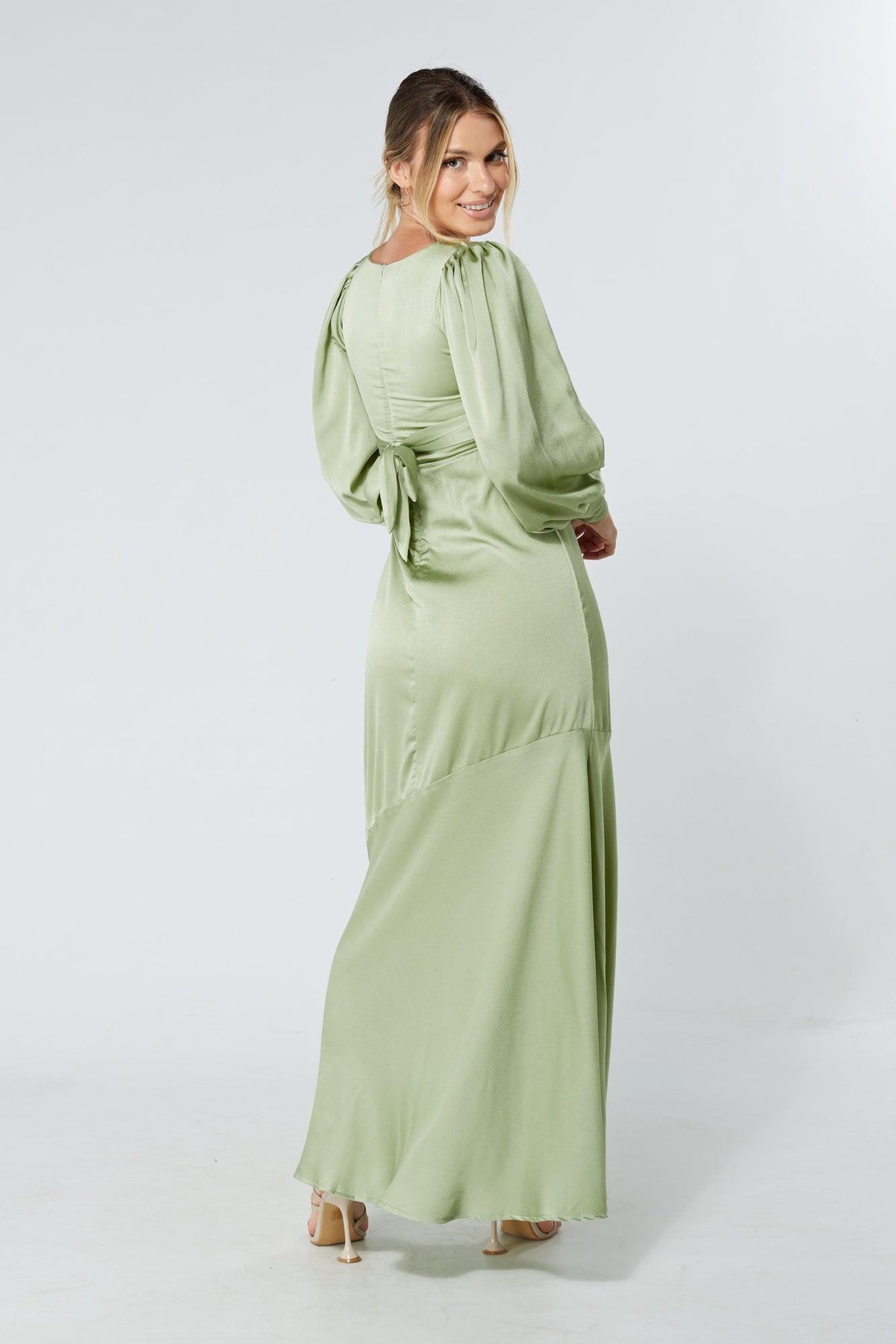 Naomi Olive Green Light Satin-Crepe Maxi Dress With Long Sleeves - TAHLIRA