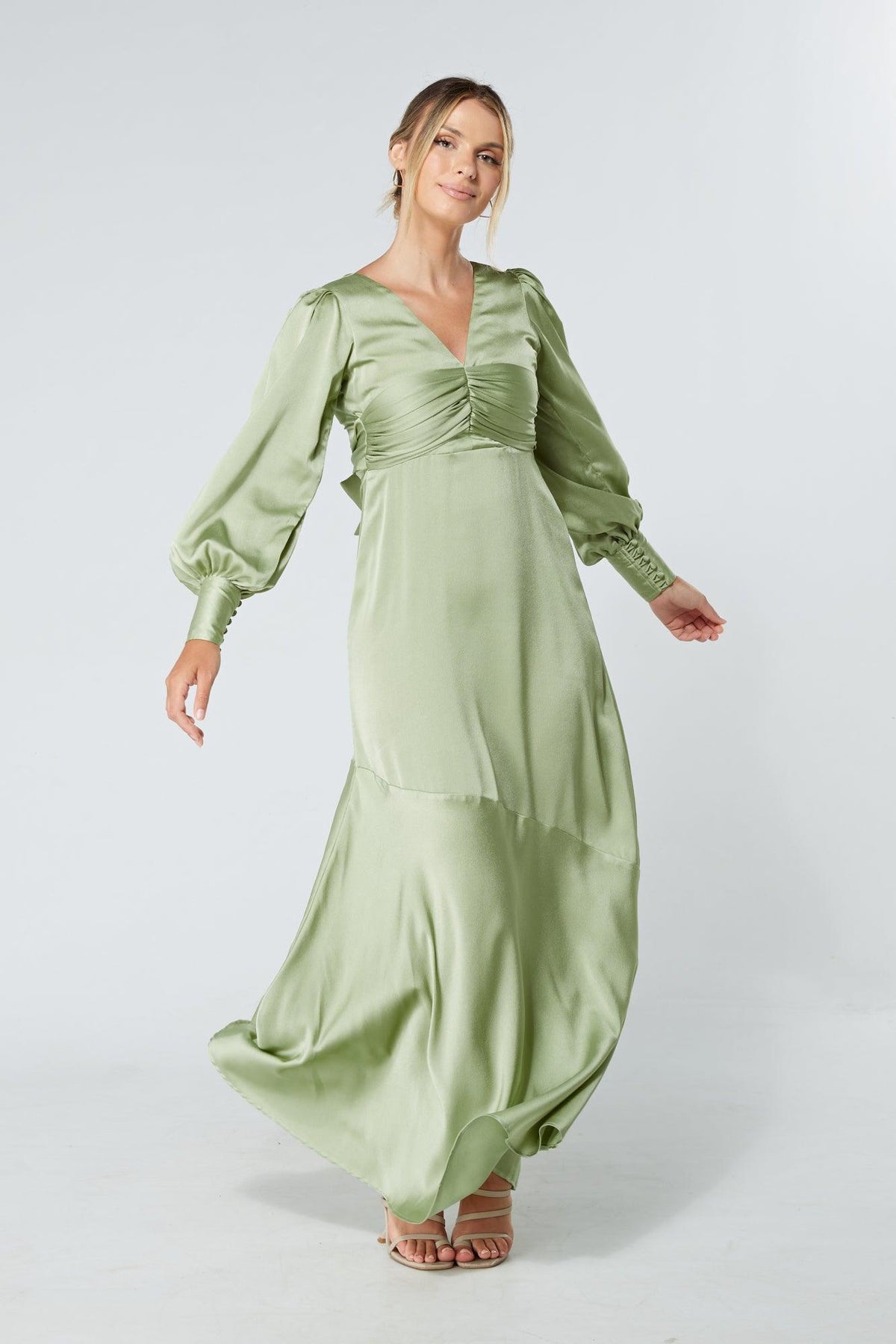 Naomi Olive Green Light Satin-Crepe Maxi Dress With Long Sleeves - TAHLIRA