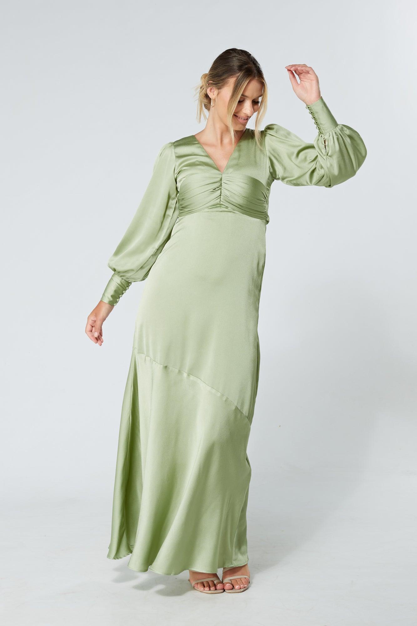 Naomi Olive Green Light Satin-Crepe Maxi Dress With Long Sleeves - TAHLIRA