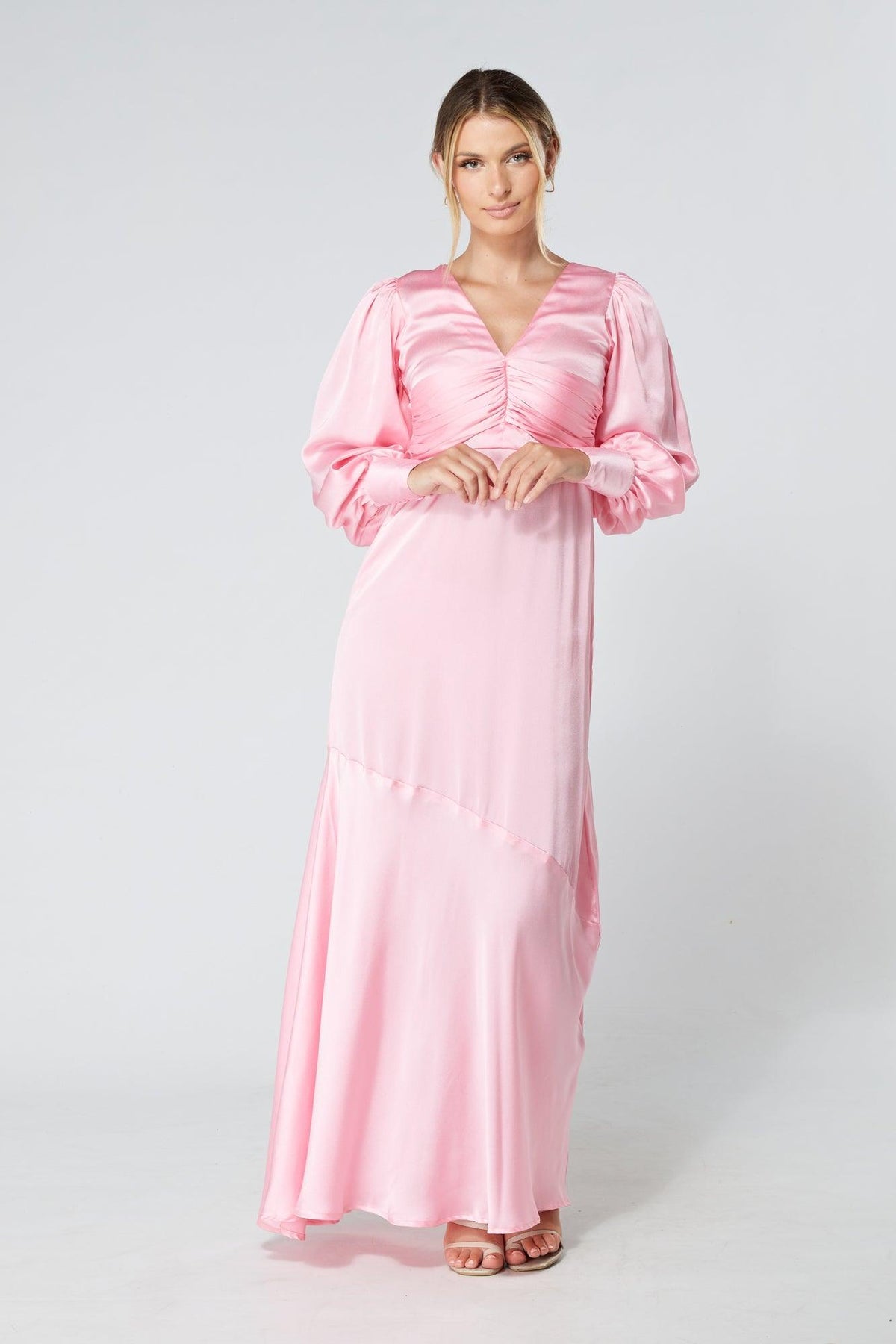 Naomi Pink Light Satin-Crepe Maxi Dress With Long Sleeves - TAHLIRA