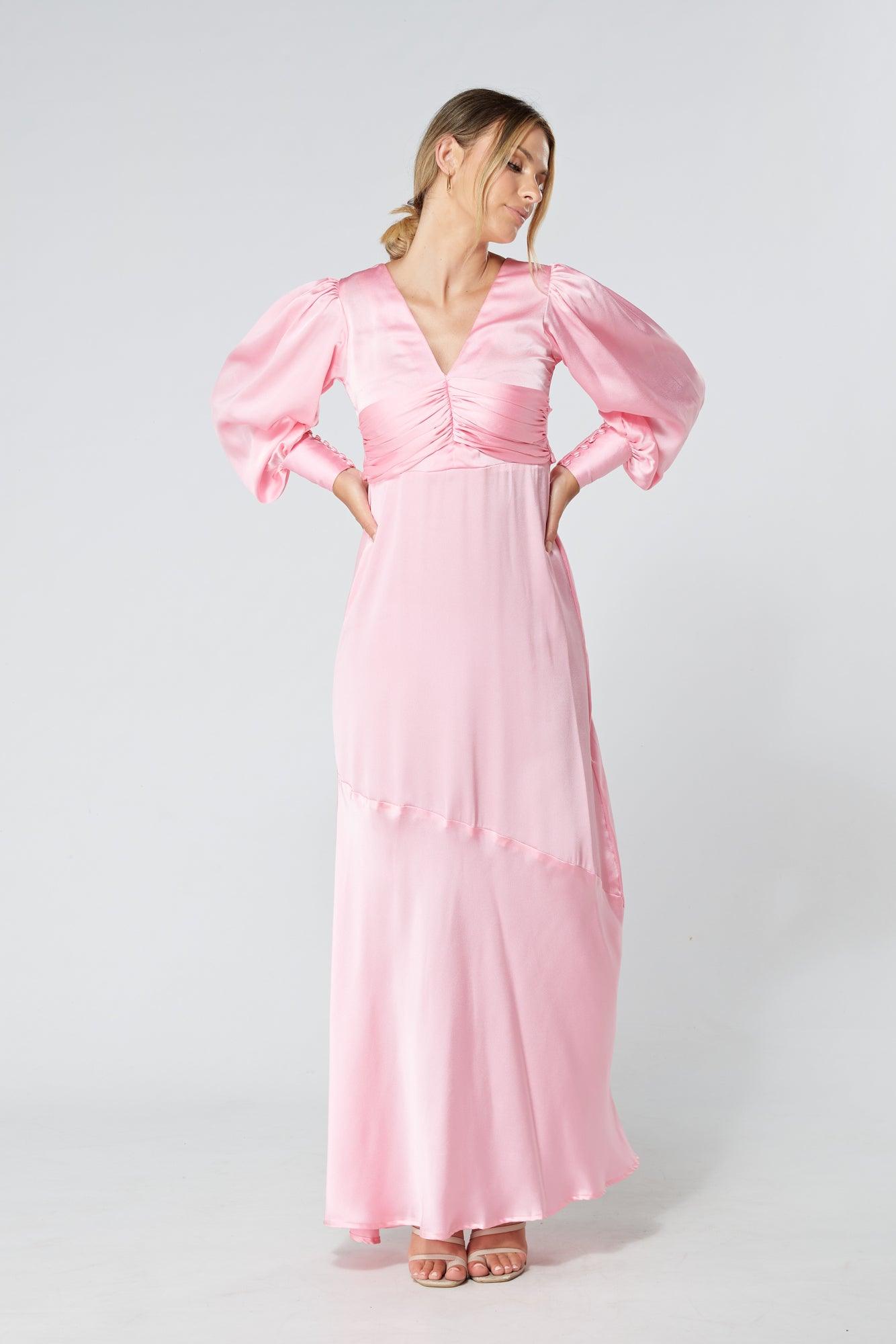 Naomi Pink Light Satin-Crepe Maxi Dress With Long Sleeves - TAHLIRA