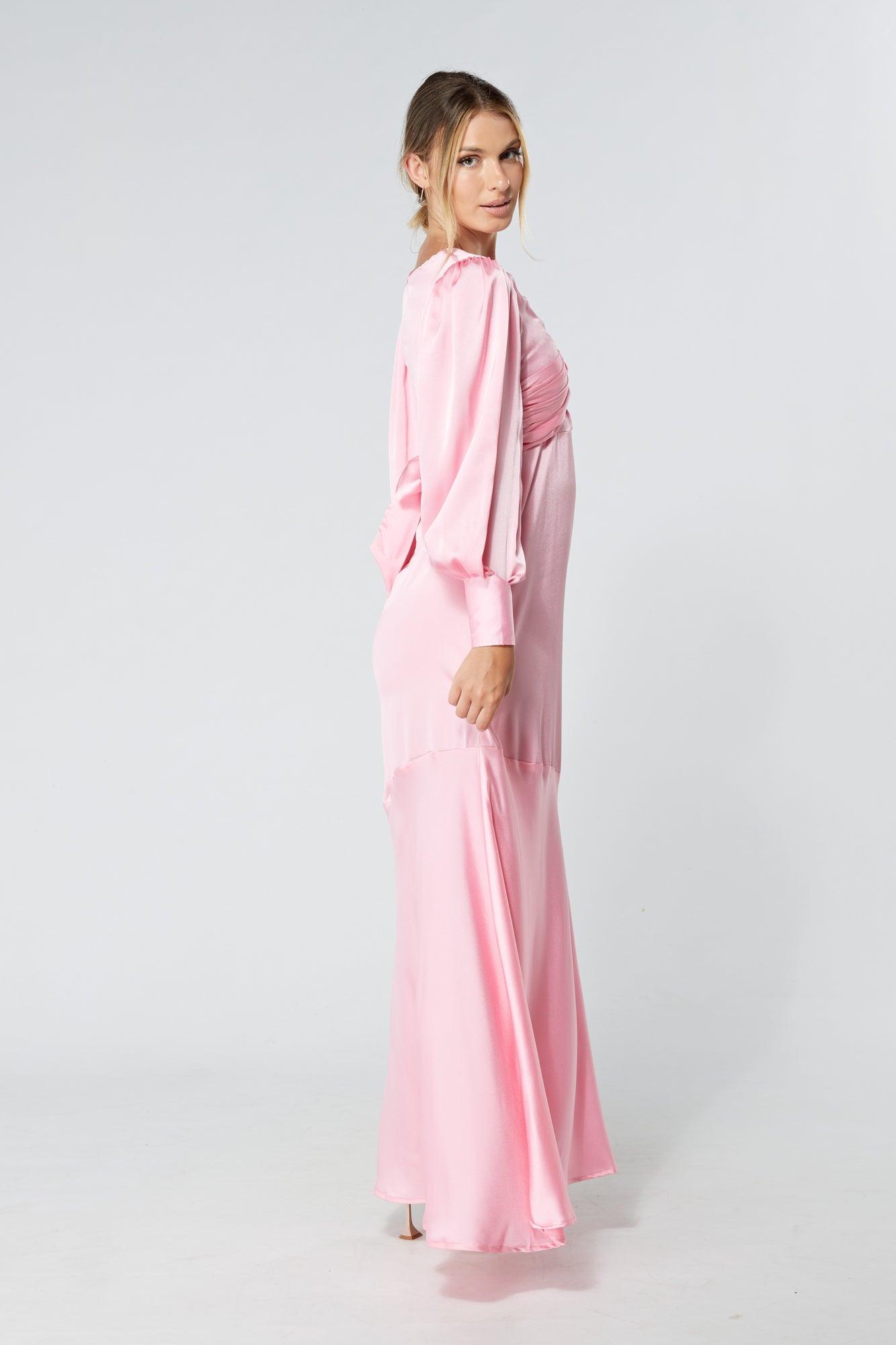 Naomi Pink Light Satin-Crepe Maxi Dress With Long Sleeves - TAHLIRA