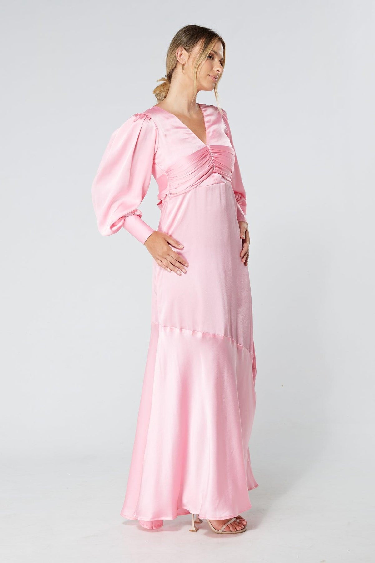 Naomi Pink Light Satin-Crepe Maxi Dress With Long Sleeves - TAHLIRA