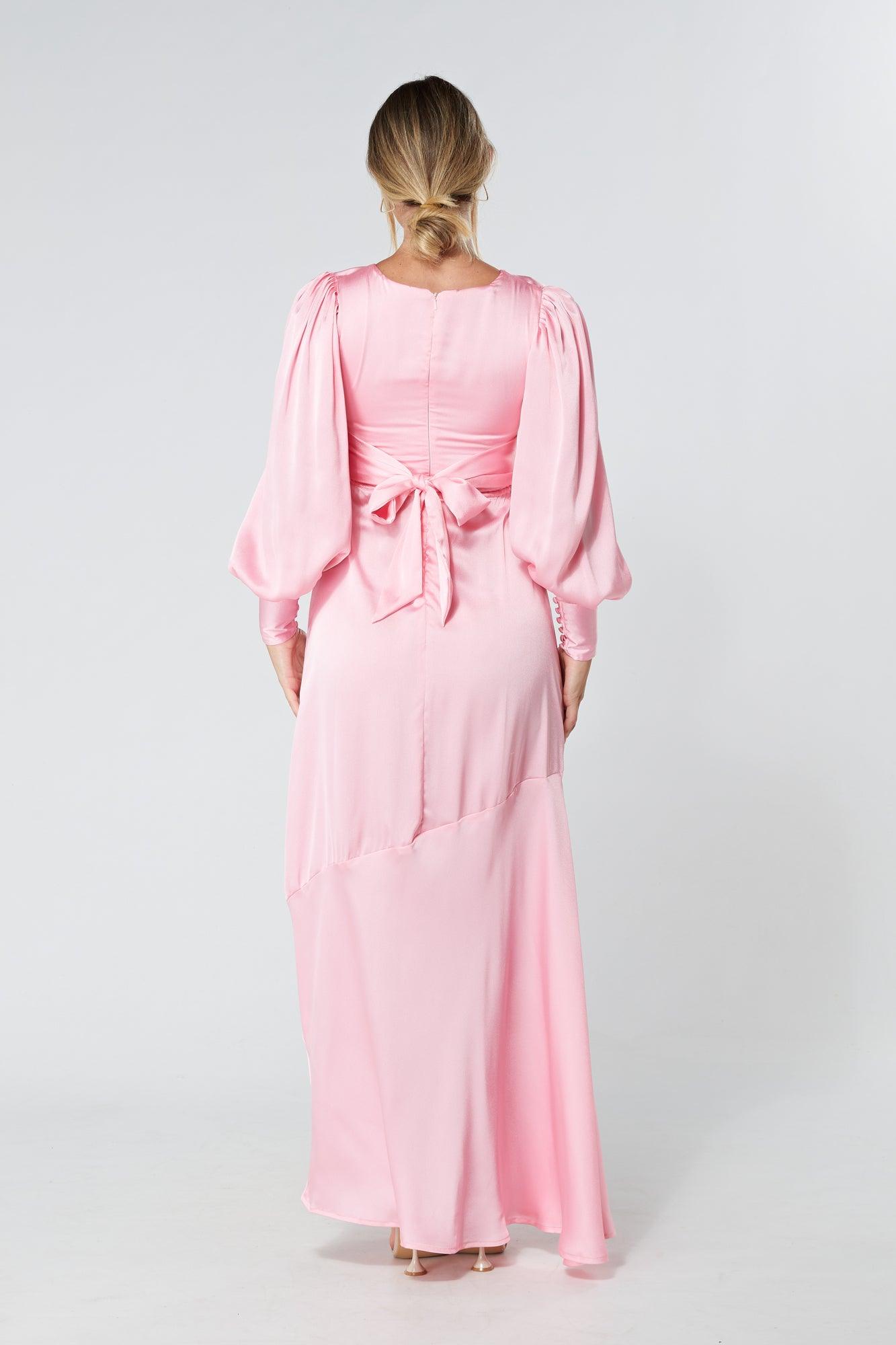 Naomi Pink Light Satin-Crepe Maxi Dress With Long Sleeves - TAHLIRA