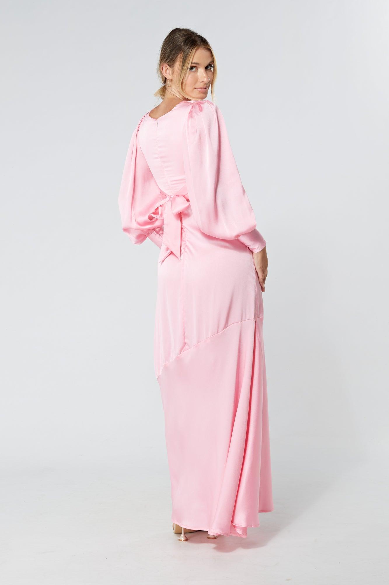 Naomi Pink Light Satin-Crepe Maxi Dress With Long Sleeves - TAHLIRA