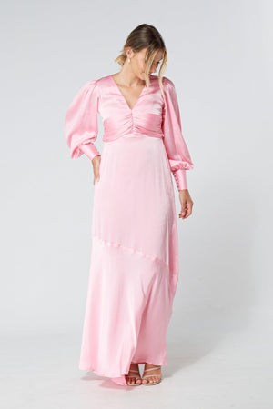 Naomi Pink Light Satin-Crepe Maxi Dress With Long Sleeves - TAHLIRA