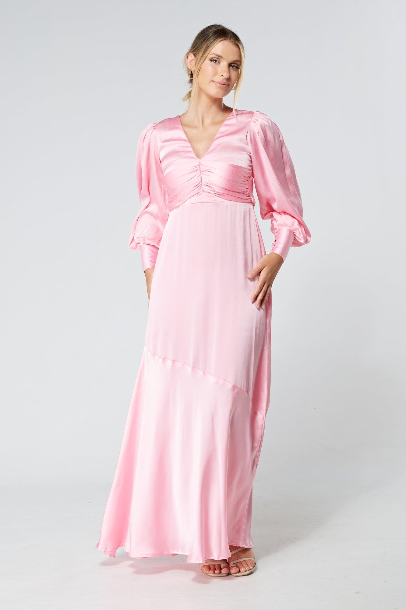 Naomi Pink Light Satin-Crepe Maxi Dress With Long Sleeves - TAHLIRA