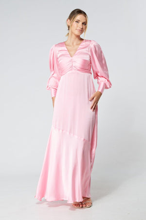 Naomi Pink Light Satin-Crepe Maxi Dress With Long Sleeves - TAHLIRA