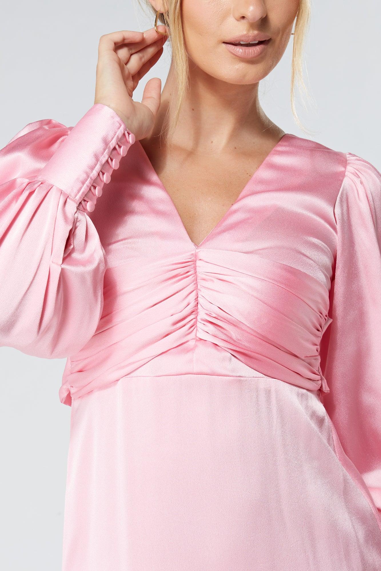 Naomi Pink Light Satin-Crepe Maxi Dress With Long Sleeves - TAHLIRA