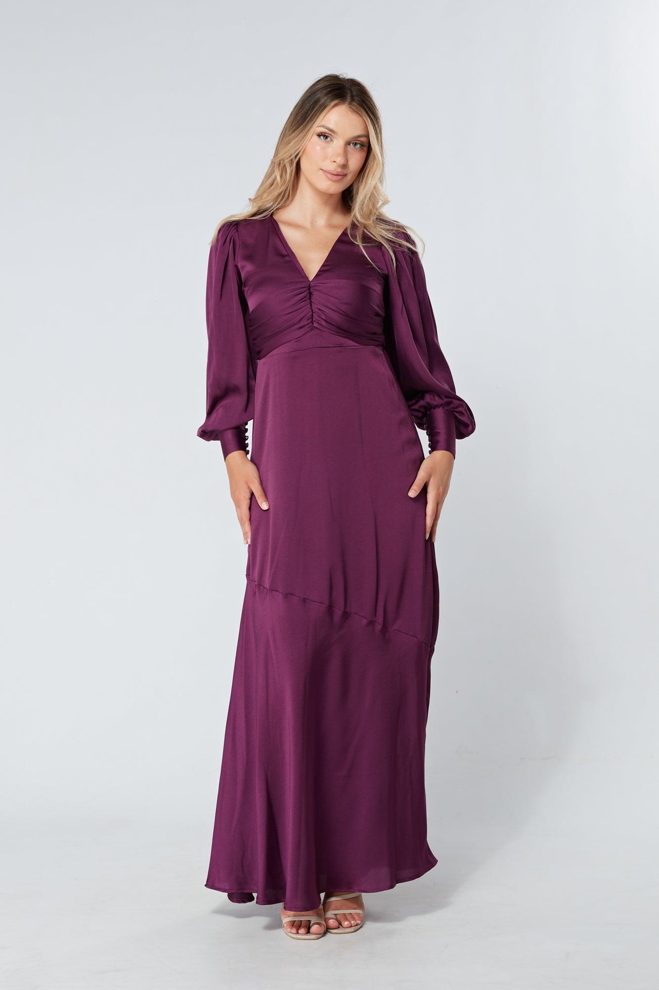 Naomi Purple Light Satin-Crepe Maxi Dress With Long Sleeves - TAHLIRA