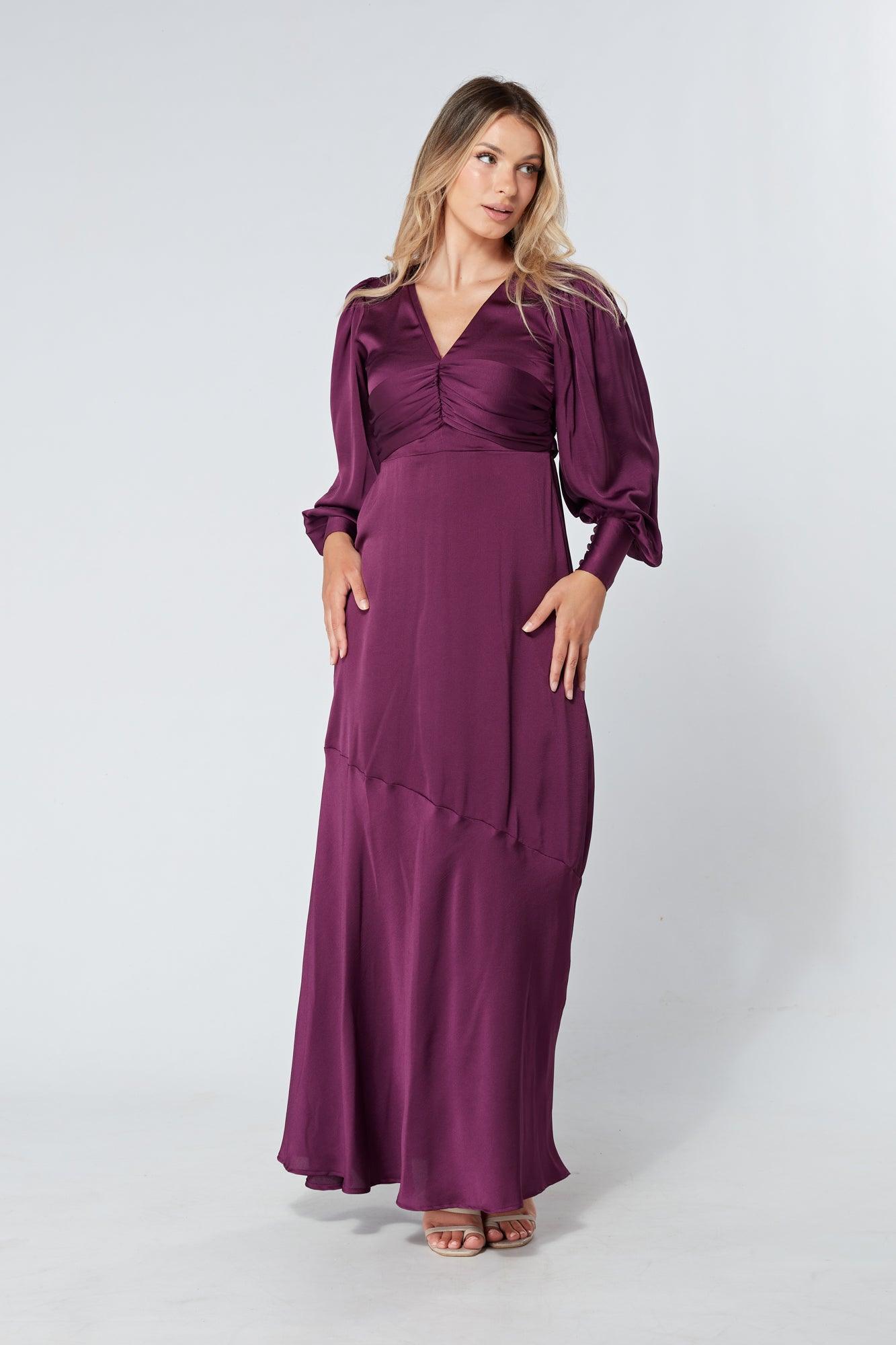 Naomi Purple Light Satin-Crepe Maxi Dress With Long Sleeves - TAHLIRA