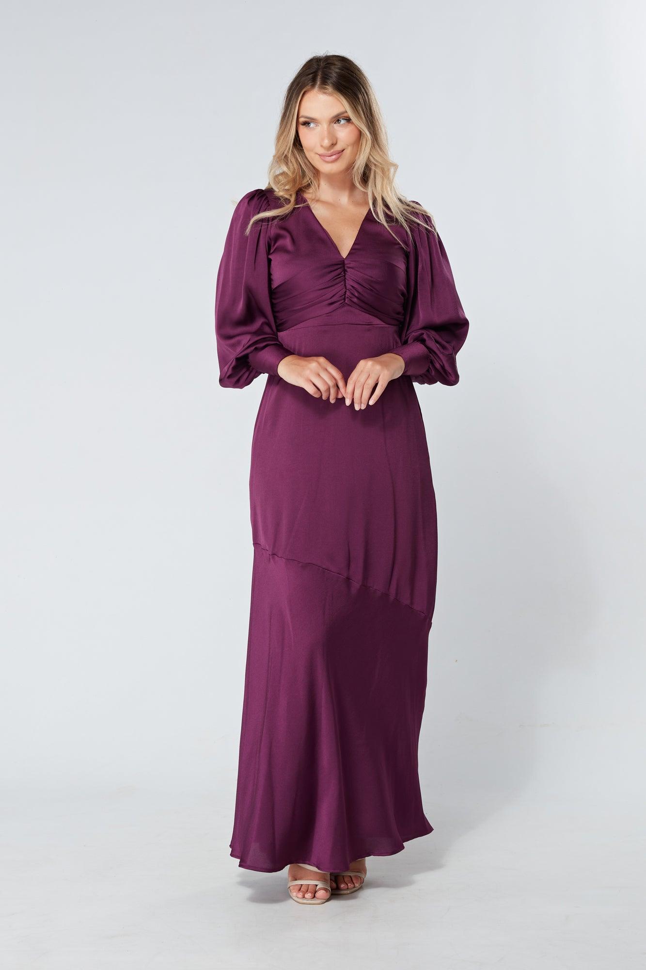 Naomi Purple Light Satin-Crepe Maxi Dress With Long Sleeves - TAHLIRA