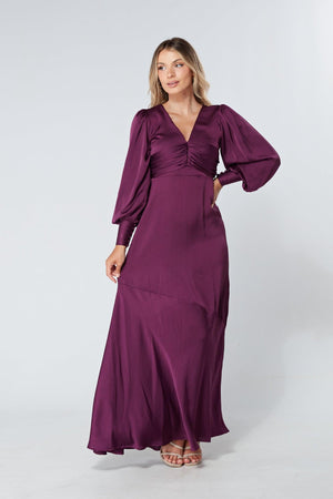 Naomi Purple Light Satin-Crepe Maxi Dress With Long Sleeves - TAHLIRA