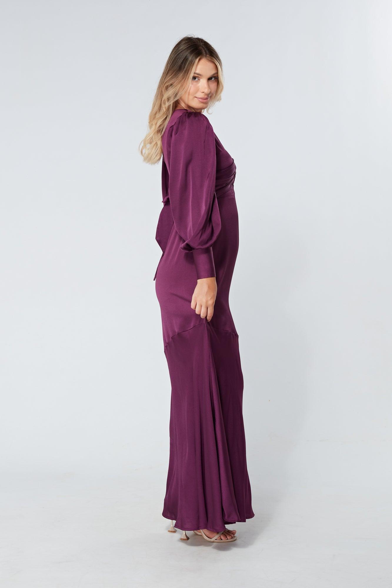 Naomi Purple Light Satin-Crepe Maxi Dress With Long Sleeves - TAHLIRA