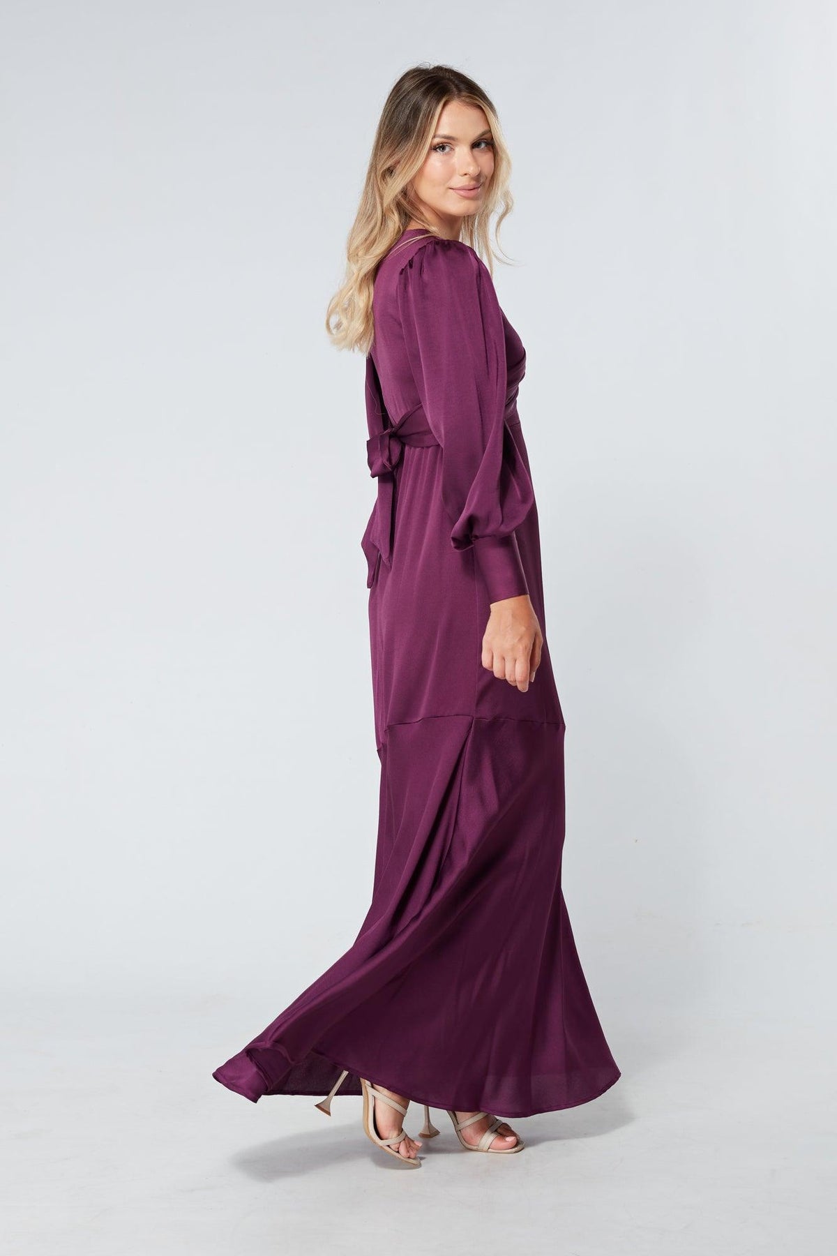 Naomi Purple Light Satin-Crepe Maxi Dress With Long Sleeves - TAHLIRA