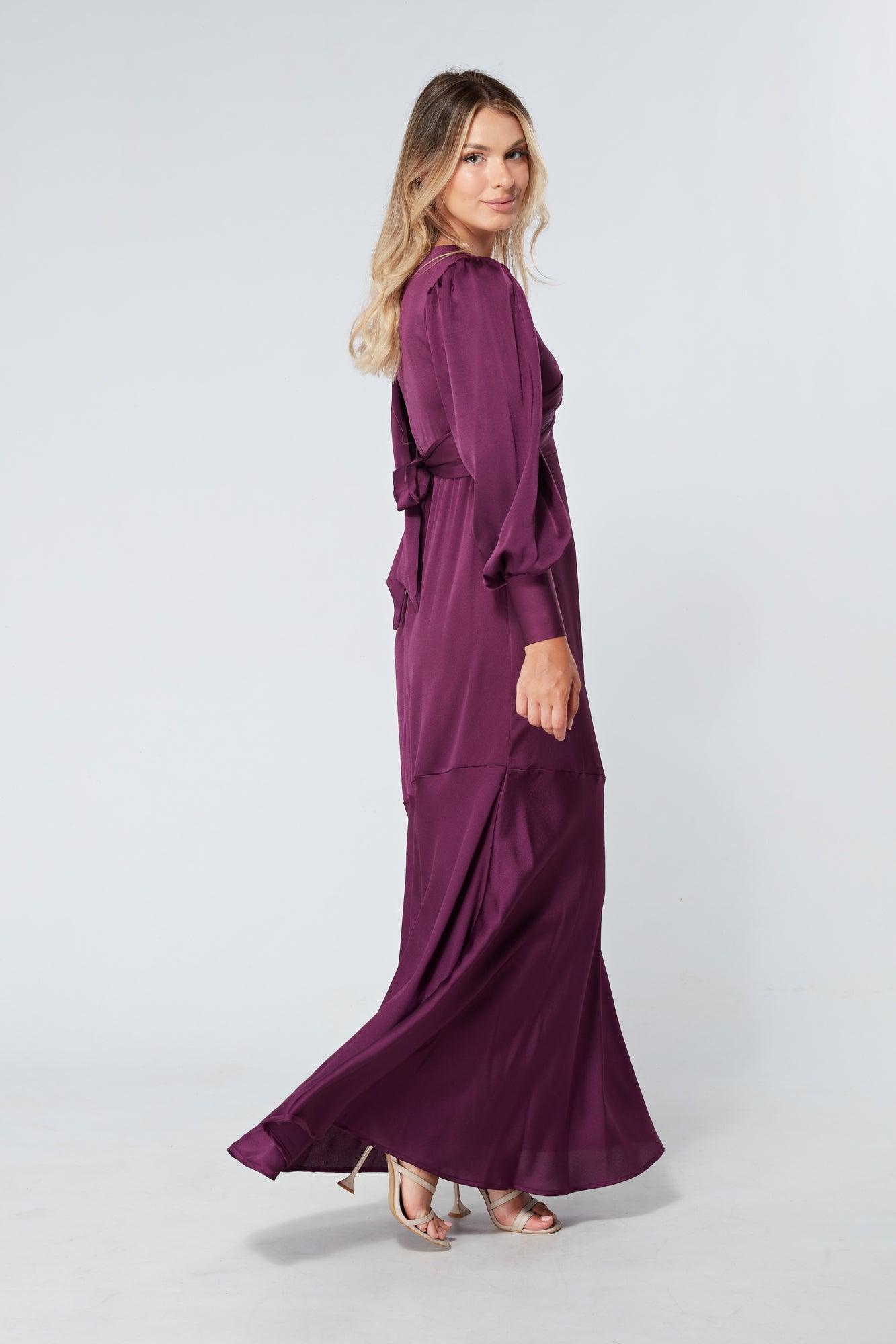 Naomi Purple Light Satin-Crepe Maxi Dress With Long Sleeves - TAHLIRA