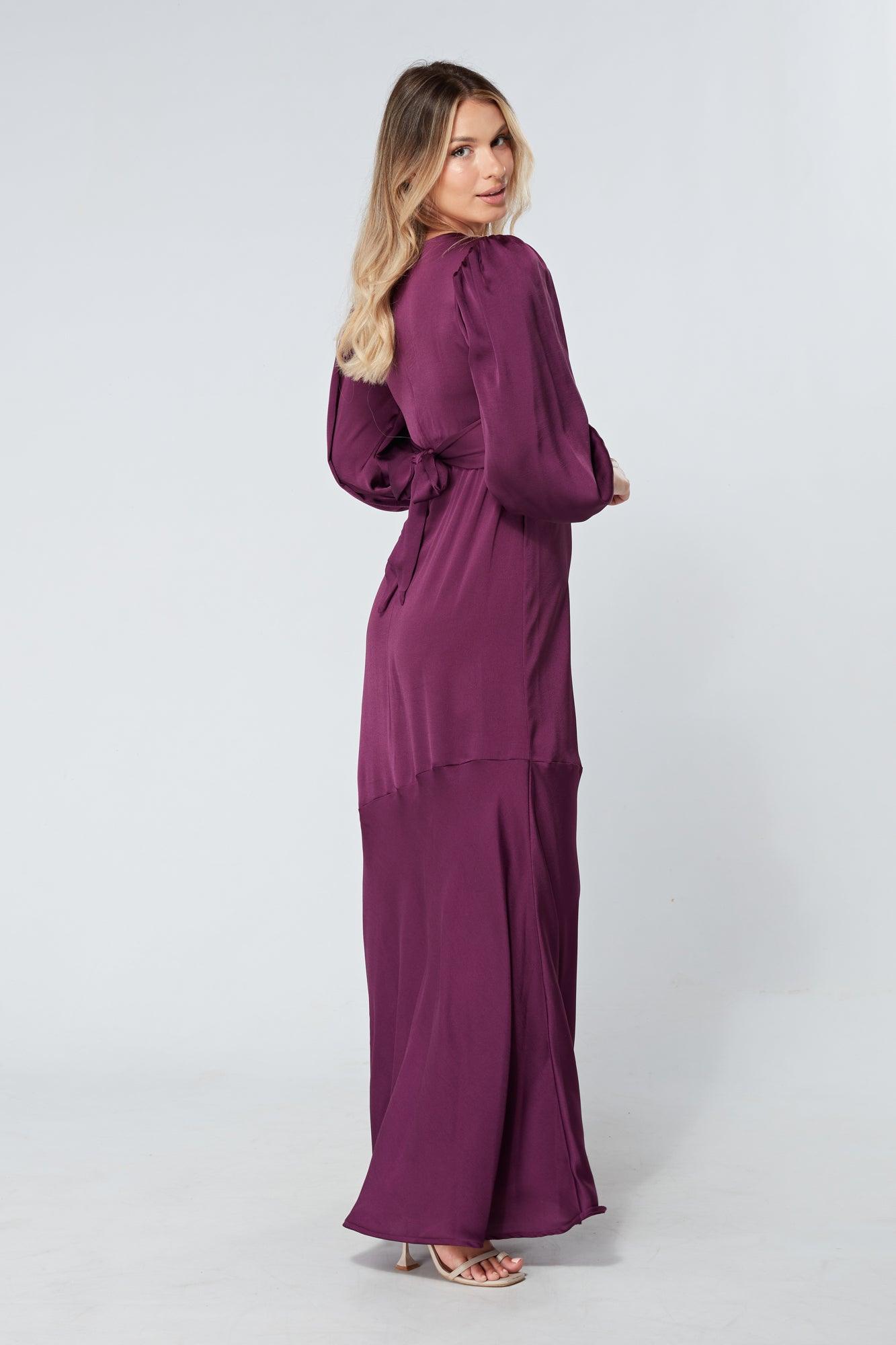 Naomi Purple Light Satin-Crepe Maxi Dress With Long Sleeves - TAHLIRA