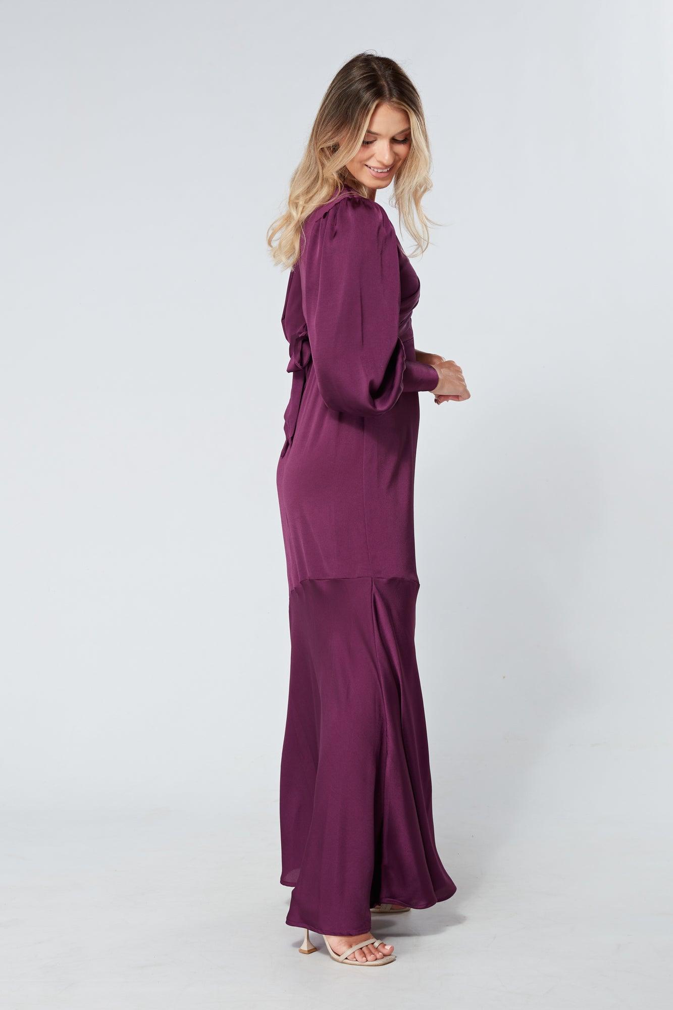 Naomi Purple Light Satin-Crepe Maxi Dress With Long Sleeves - TAHLIRA