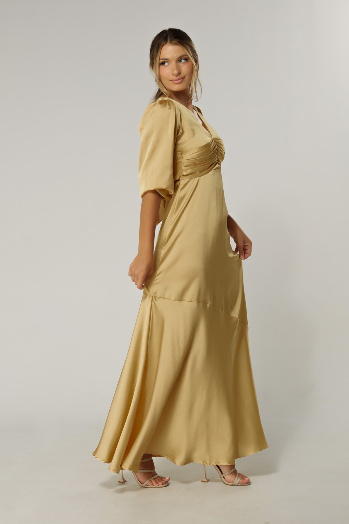 Naomi Light Gold Satin-Crepe Maxi Dress With Half Sleeves