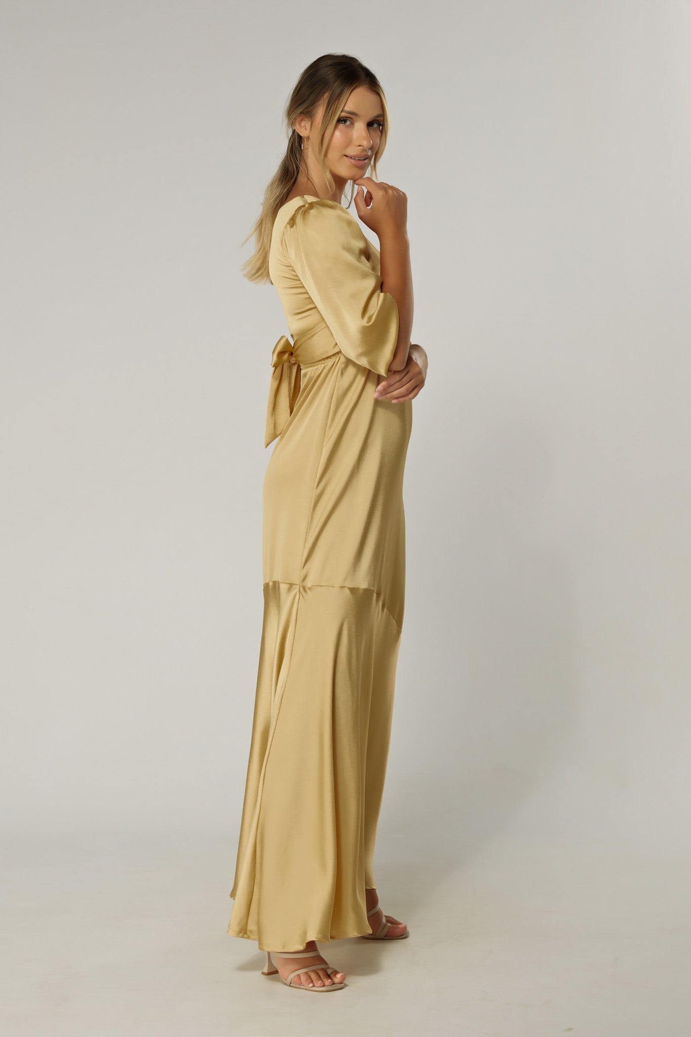 Naomi Light Gold Satin-Crepe Maxi Dress With Half Sleeves