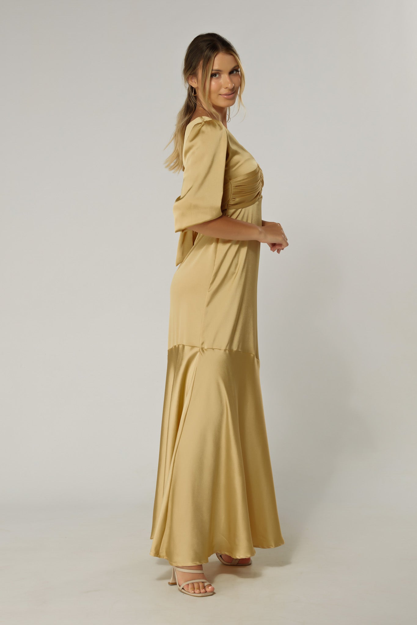 Naomi Light Gold Satin-Crepe Maxi Dress With Half Sleeves