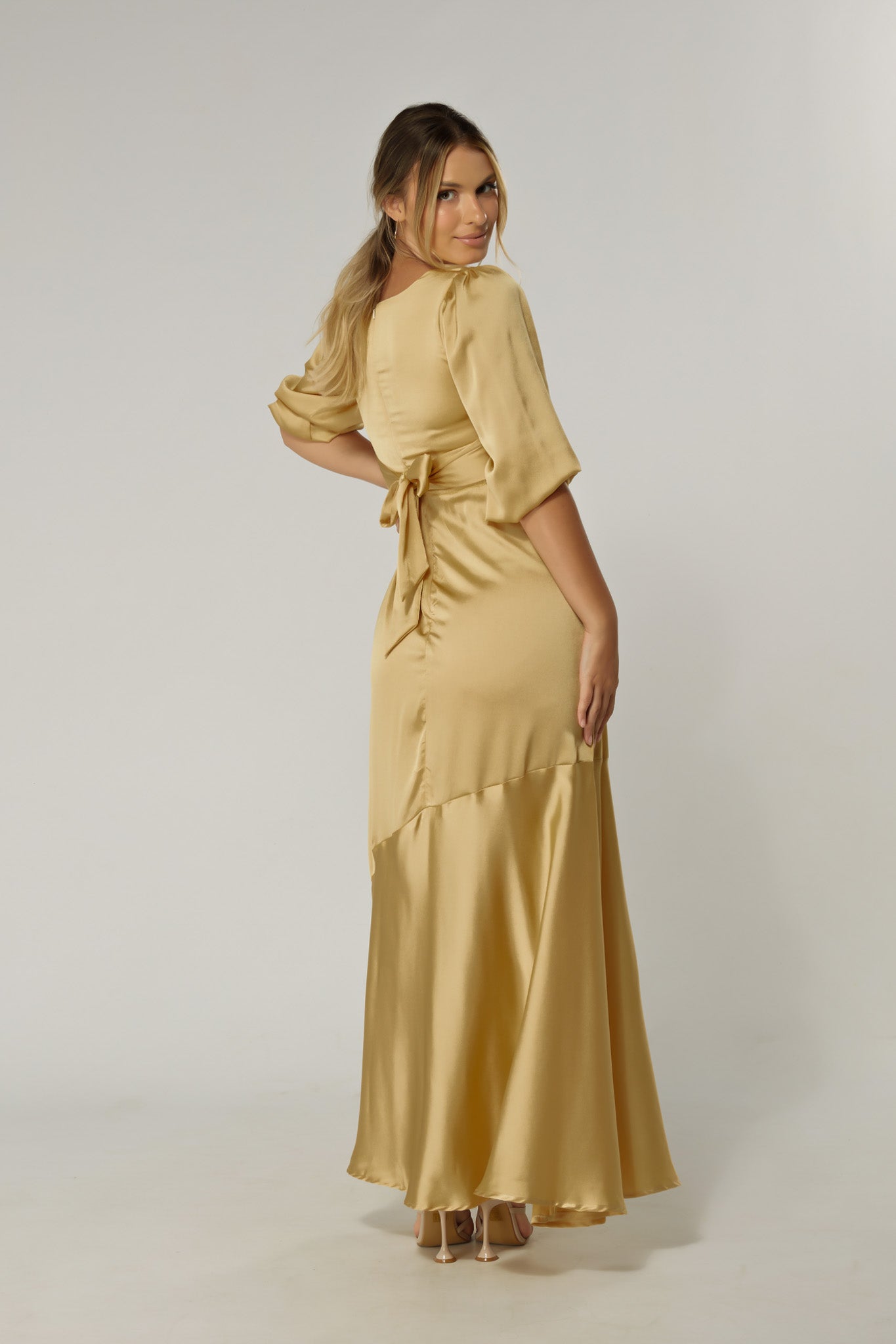 Naomi Light Gold Satin-Crepe Maxi Dress With Half Sleeves