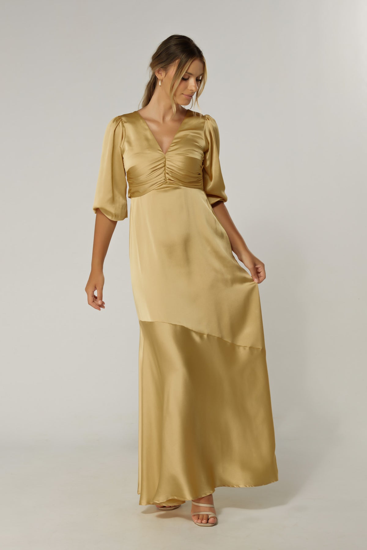 Naomi Light Gold Satin-Crepe Maxi Dress With Half Sleeves