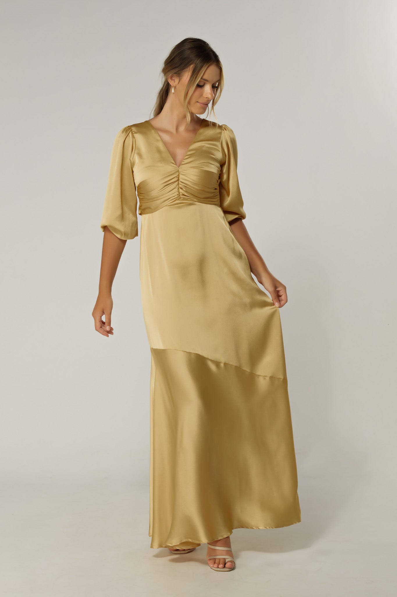 Naomi Light Gold Satin-Crepe Maxi Dress With Half Sleeves