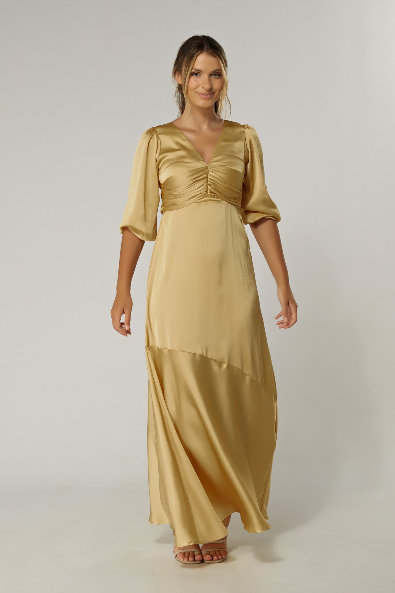 Naomi Light Gold Satin-Crepe Maxi Dress With Half Sleeves