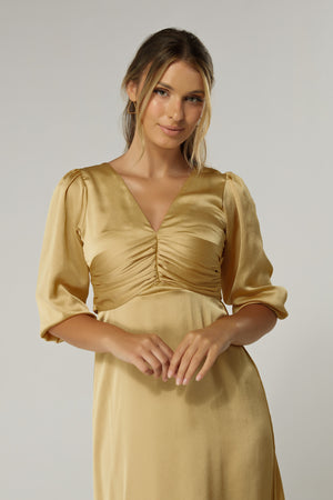 Naomi Light Gold Satin-Crepe Maxi Dress With Half Sleeves