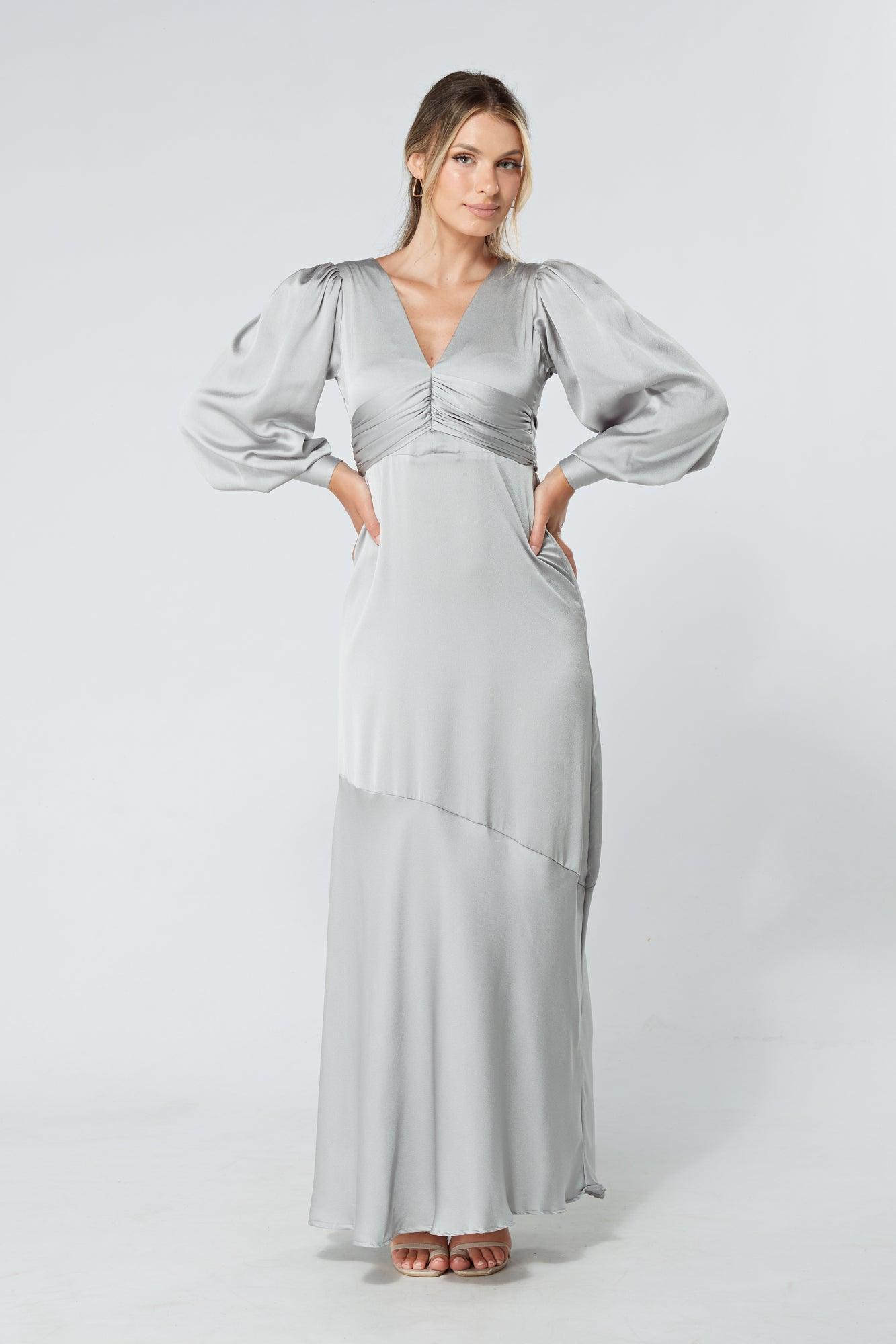 Naomi Silver Light Satin-Crepe Maxi Dress With Long Sleeves - TAHLIRA